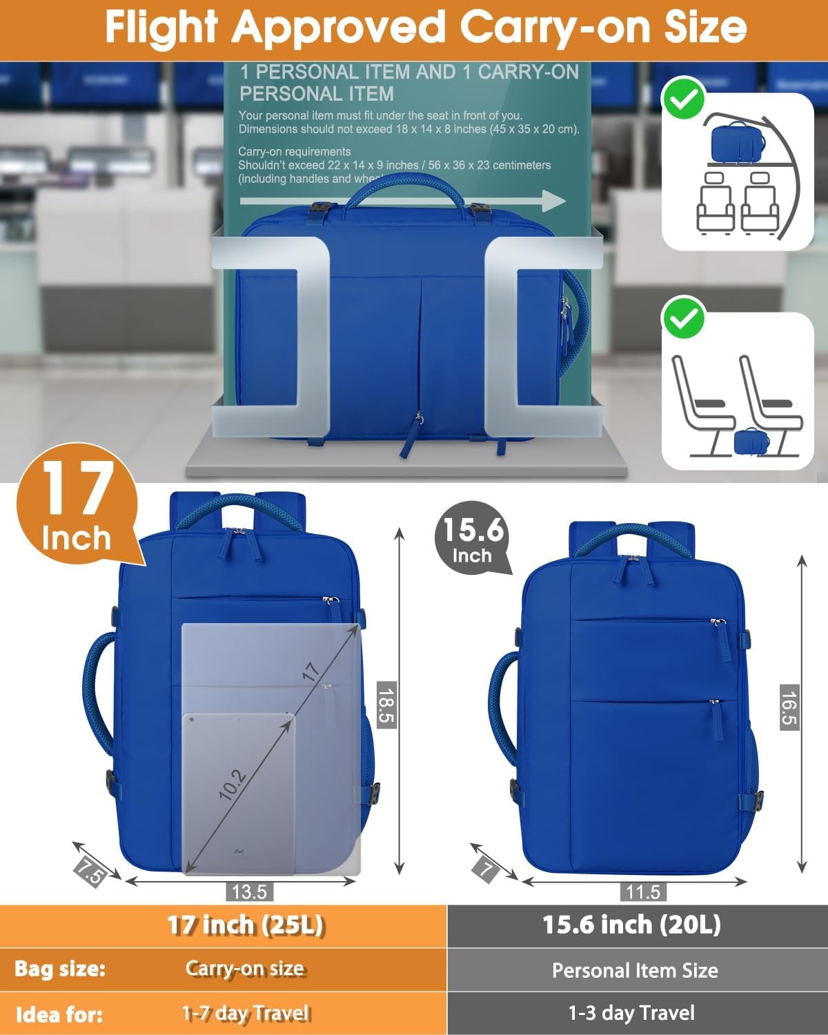 image:imageCapolo Travel Backpack for Women Men Waterproof Laptop Backpack Airlines Approved Personal Item Backpack Bag Computer Bookbag for Business Work Traveling Fits 156 Inch LaptopBlackRoyal Blue