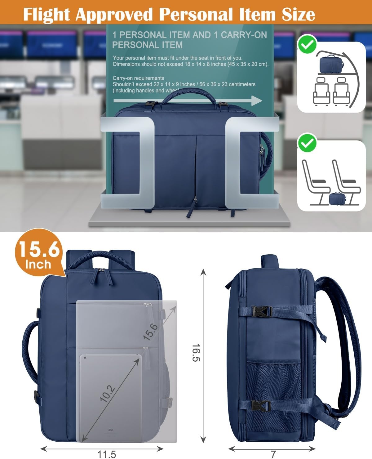 image:imageCapolo Travel Backpack for Women Men Waterproof Laptop Backpack Airlines Approved Personal Item Backpack Bag Computer Bookbag for Business Work Traveling Fits 156 Inch LaptopBlackDark Blue