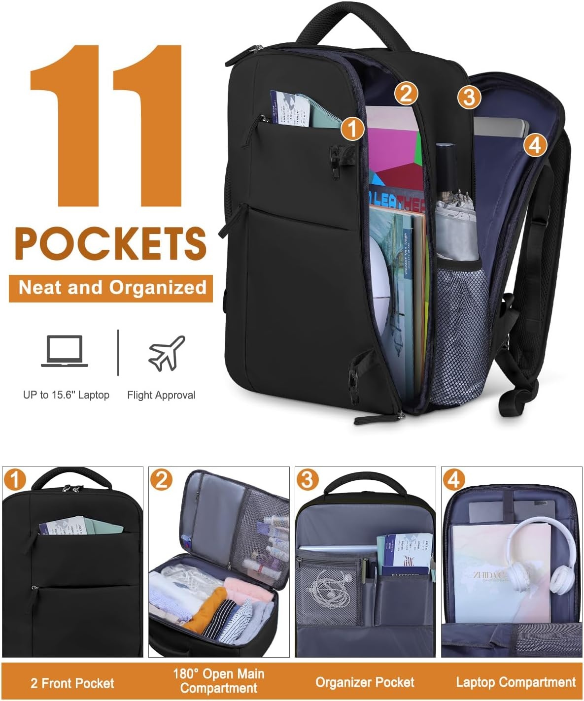 image:imageCapolo Travel Backpack for Women Men Waterproof Laptop Backpack Airlines Approved Personal Item Backpack Bag Computer Bookbag for Business Work Traveling Fits 156 Inch LaptopBlackBlack Zipper