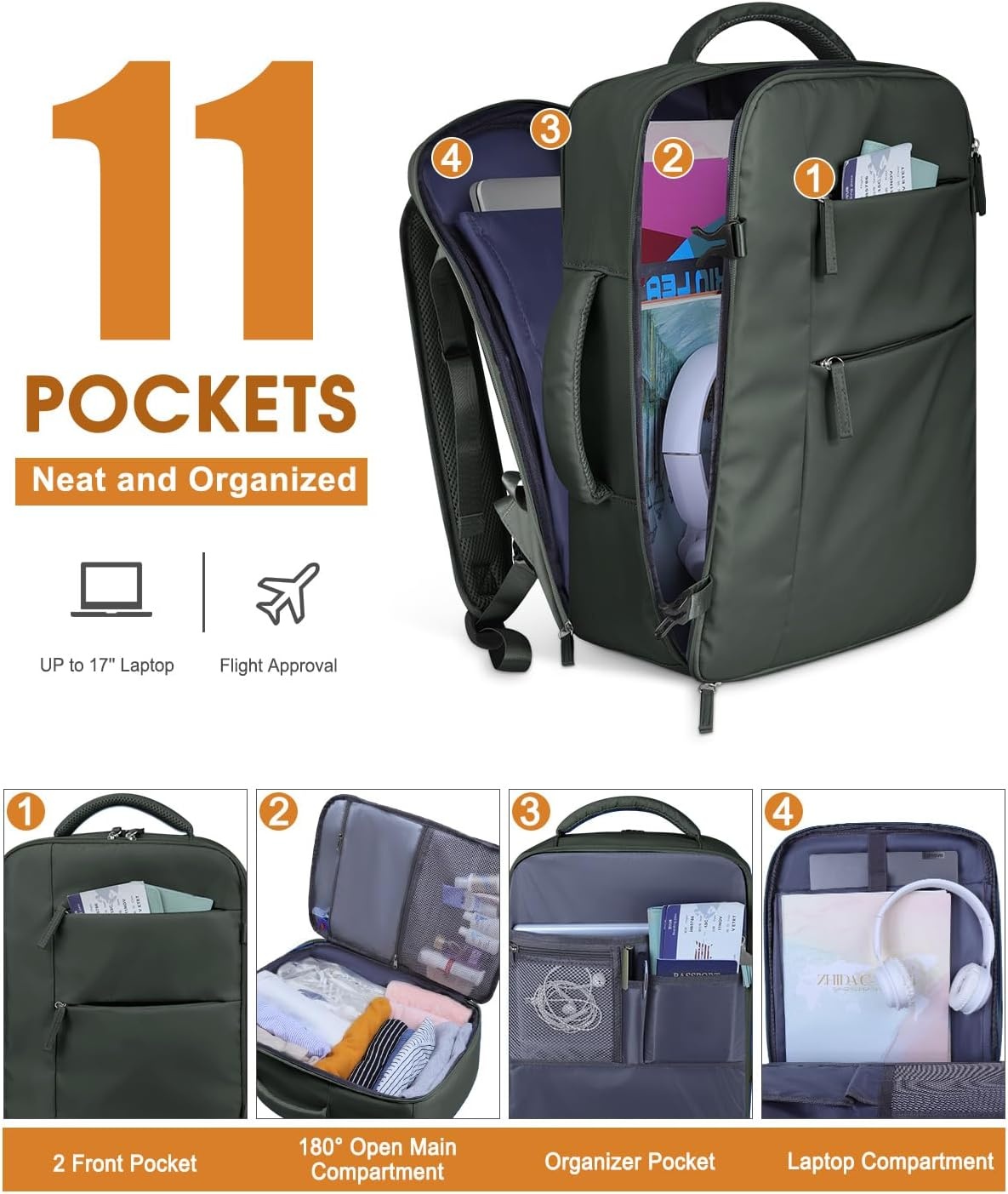 image:imageCapolo Travel Backpack for Women Men Waterproof Laptop Backpack Airlines Approved Personal Item Backpack Bag Computer Bookbag for Business Work Traveling Fits 156 Inch LaptopBlackGreen