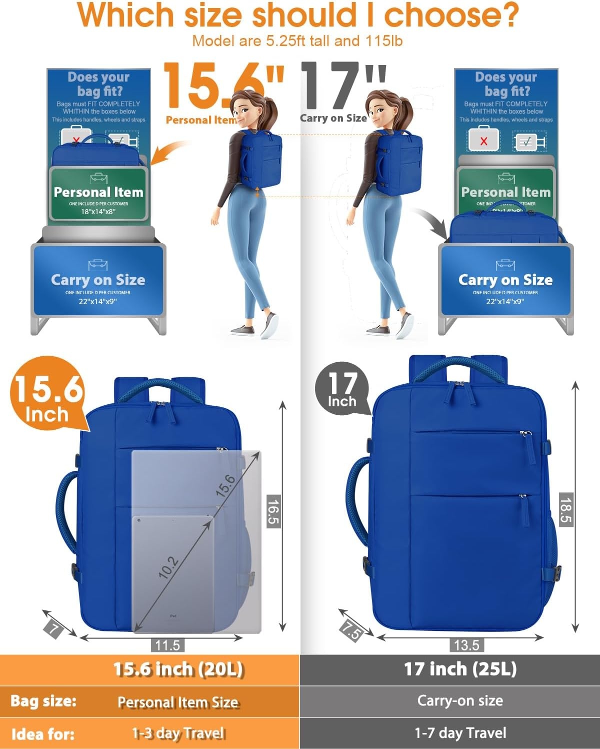 image:imageCapolo Travel Backpack for Women Men Waterproof Laptop Backpack Airlines Approved Personal Item Backpack Bag Computer Bookbag for Business Work Traveling Fits 156 Inch LaptopBlackRoyal Blue
