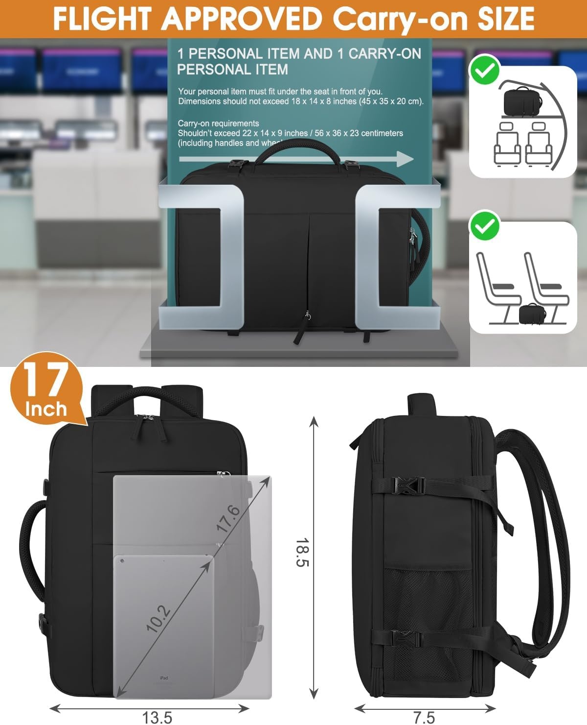 image:imageCapolo Travel Backpack for Women Men Waterproof Laptop Backpack Airlines Approved Personal Item Backpack Bag Computer Bookbag for Business Work Traveling Fits 156 Inch LaptopBlackBlack Zipper