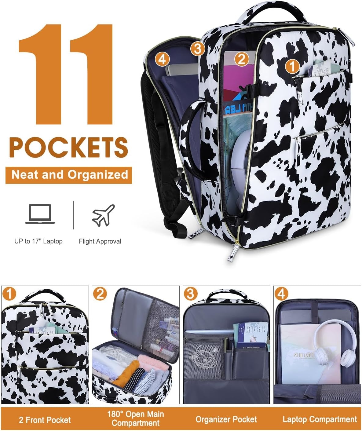 image:imageCapolo Travel Backpack for Women Men Waterproof Laptop Backpack Airlines Approved Personal Item Backpack Bag Computer Bookbag for Business Work Traveling Fits 156 Inch LaptopBlackCow Print