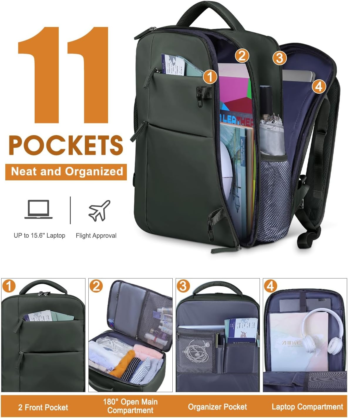 image:imageCapolo Travel Backpack for Women Men Waterproof Laptop Backpack Airlines Approved Personal Item Backpack Bag Computer Bookbag for Business Work Traveling Fits 156 Inch LaptopBlackGreen