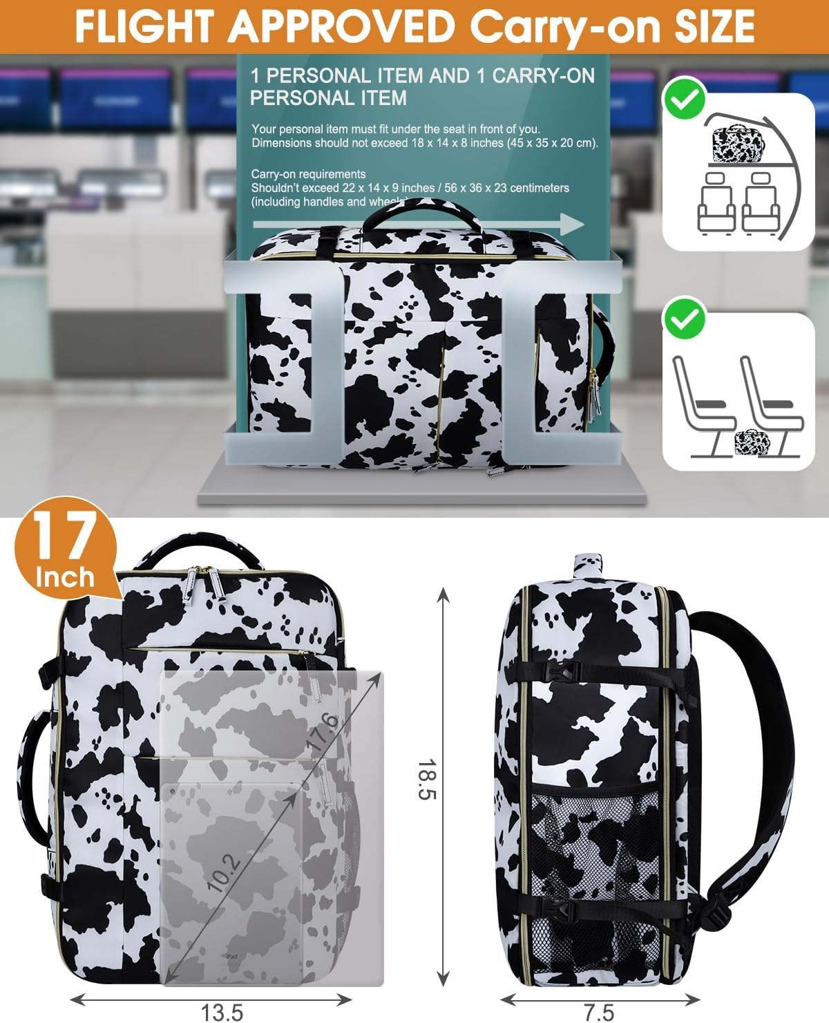 image:imageCapolo Travel Backpack for Women Men Waterproof Laptop Backpack Airlines Approved Personal Item Backpack Bag Computer Bookbag for Business Work Traveling Fits 156 Inch LaptopBlackCow Print