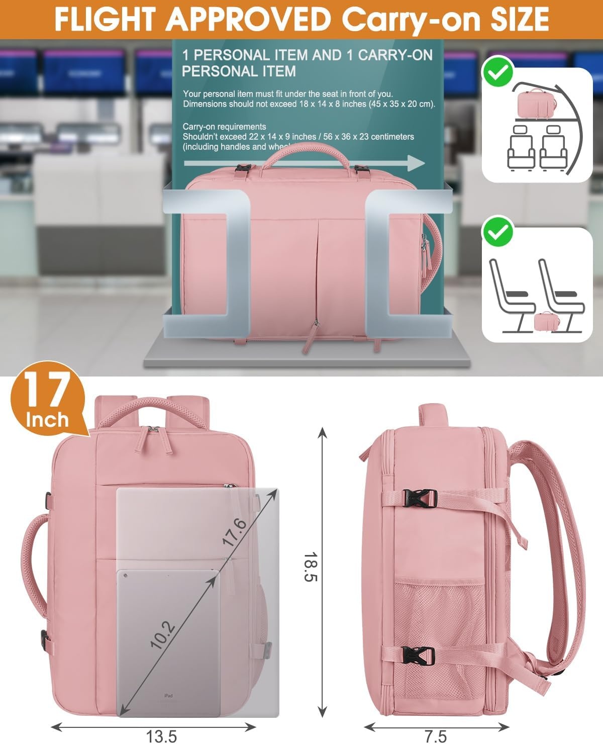 image:imageCapolo Travel Backpack for Women Men Waterproof Laptop Backpack Airlines Approved Personal Item Backpack Bag Computer Bookbag for Business Work Traveling Fits 156 Inch LaptopBlackPink