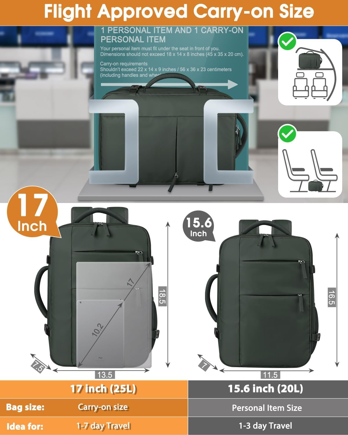 image:imageCapolo Travel Backpack for Women Men Waterproof Laptop Backpack Airlines Approved Personal Item Backpack Bag Computer Bookbag for Business Work Traveling Fits 156 Inch LaptopBlackGreen