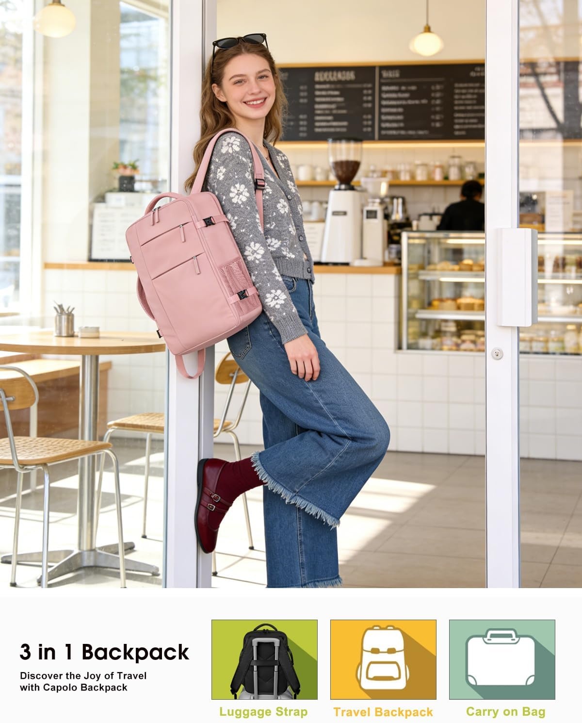 image:imageCapolo Travel Backpack for Women Men Waterproof Laptop Backpack Airlines Approved Personal Item Backpack Bag Computer Bookbag for Business Work Traveling Fits 156 Inch LaptopBlackPink
