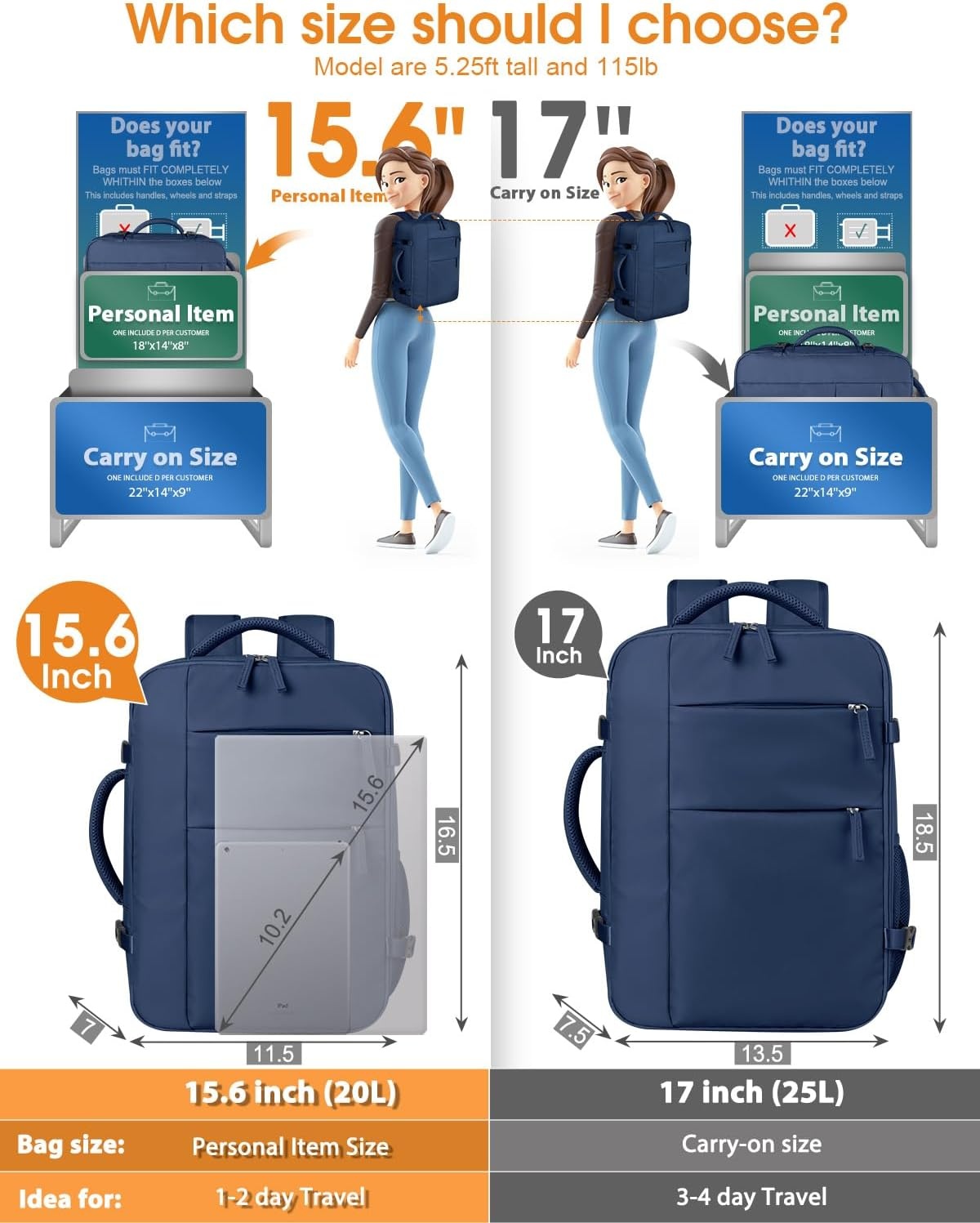 image:imageCapolo Travel Backpack for Women Men Waterproof Laptop Backpack Airlines Approved Personal Item Backpack Bag Computer Bookbag for Business Work Traveling Fits 156 Inch LaptopBlackDark Blue
