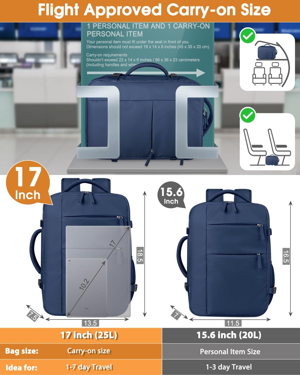 image:imageCapolo Travel Backpack for Women Men Waterproof Laptop Backpack Airlines Approved Personal Item Backpack Bag Computer Bookbag for Business Work Traveling Fits 156 Inch LaptopBlackDark Blue