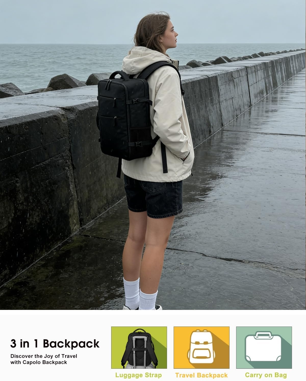 image:imageCapolo Travel Backpack for Women Men Waterproof Laptop Backpack Airlines Approved Personal Item Backpack Bag Computer Bookbag for Business Work Traveling Fits 156 Inch LaptopBlackBlack Zipper