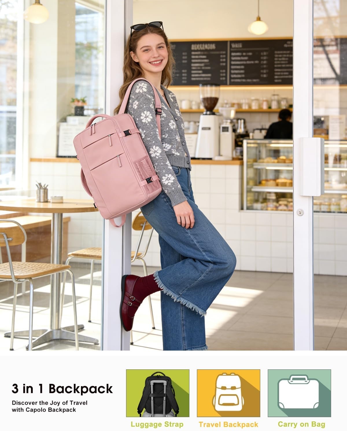 image:imageCapolo Travel Backpack for Women Men Waterproof Laptop Backpack Airlines Approved Personal Item Backpack Bag Computer Bookbag for Business Work Traveling Fits 156 Inch LaptopBlackPink