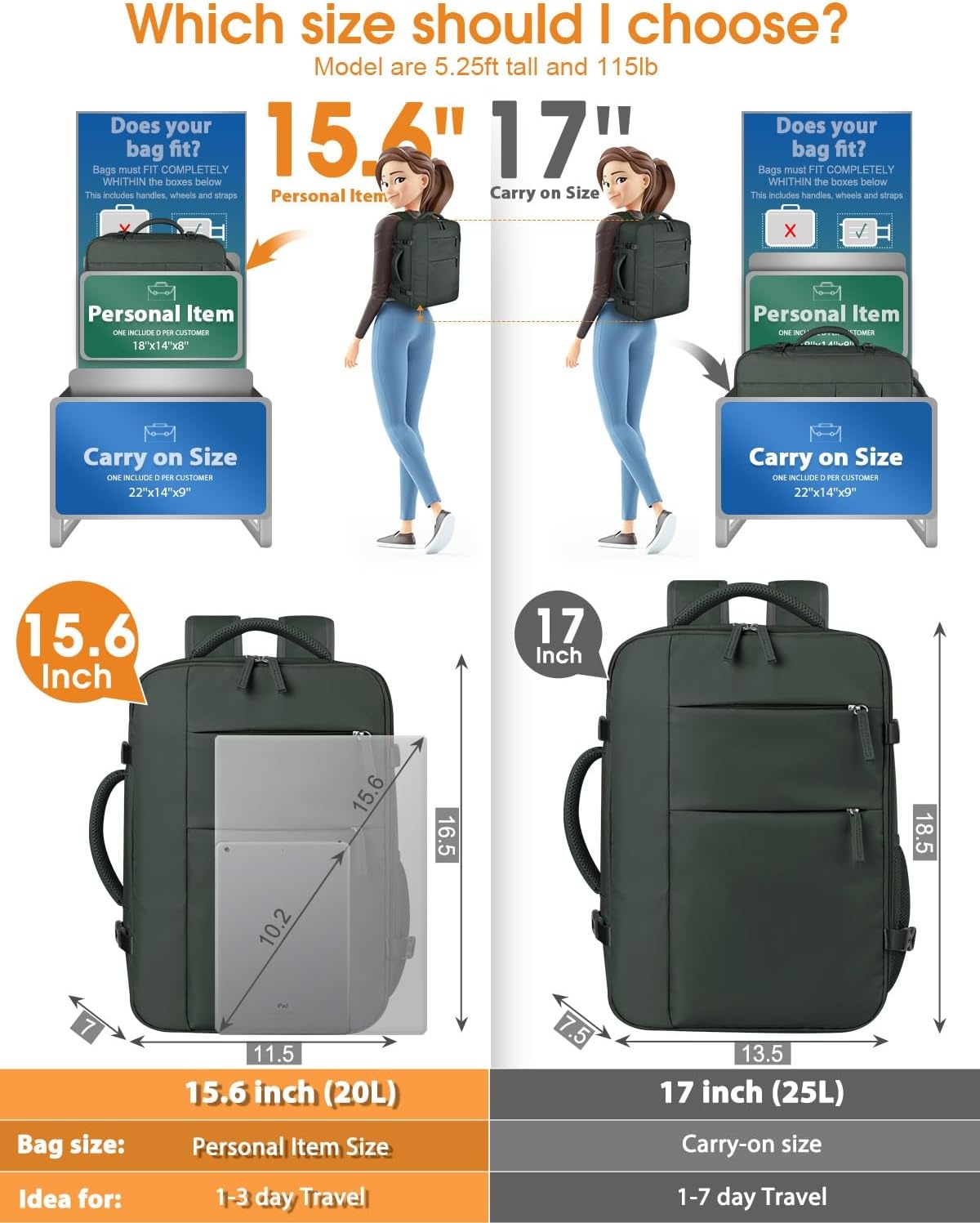 image:imageCapolo Travel Backpack for Women Men Waterproof Laptop Backpack Airlines Approved Personal Item Backpack Bag Computer Bookbag for Business Work Traveling Fits 156 Inch LaptopBlackGreen