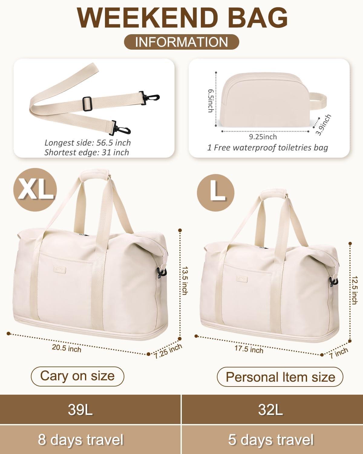 image:imageExpandable Travel Duffle Bags Weekender Overnight Bags for Women Men Hospital Bag for Women Labor Delivery with Toiletry Bag WaterproofBeige