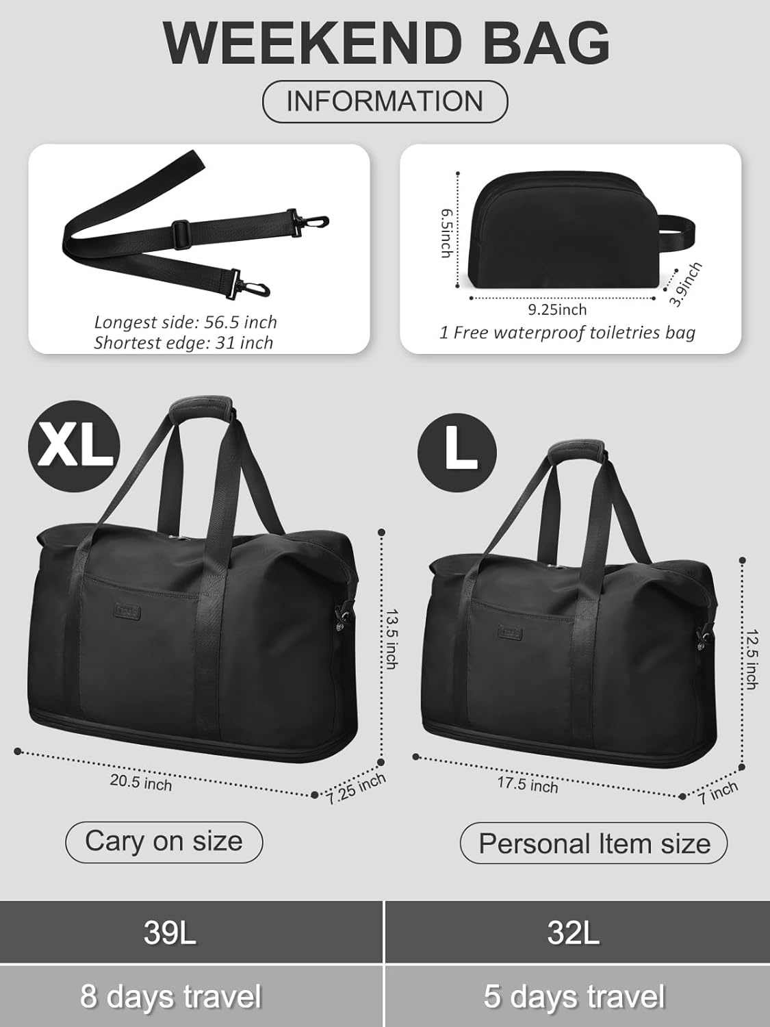 image:imageExpandable Travel Duffle Bags Weekender Overnight Bags for Women Men Hospital Bag for Women Labor Delivery with Toiletry Bag WaterproofBlack