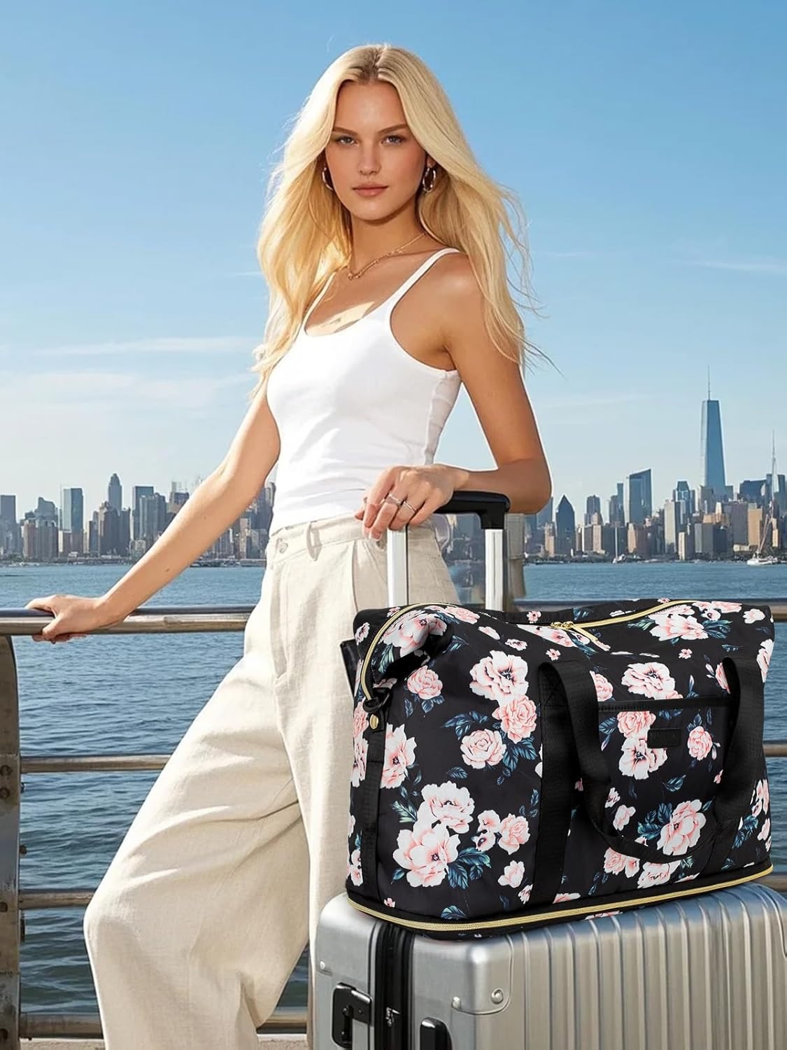 image:imageExpandable Travel Duffle Bags Weekender Overnight Bags for Women Men Hospital Bag for Women Labor Delivery with Toiletry Bag WaterproofBlack Foral