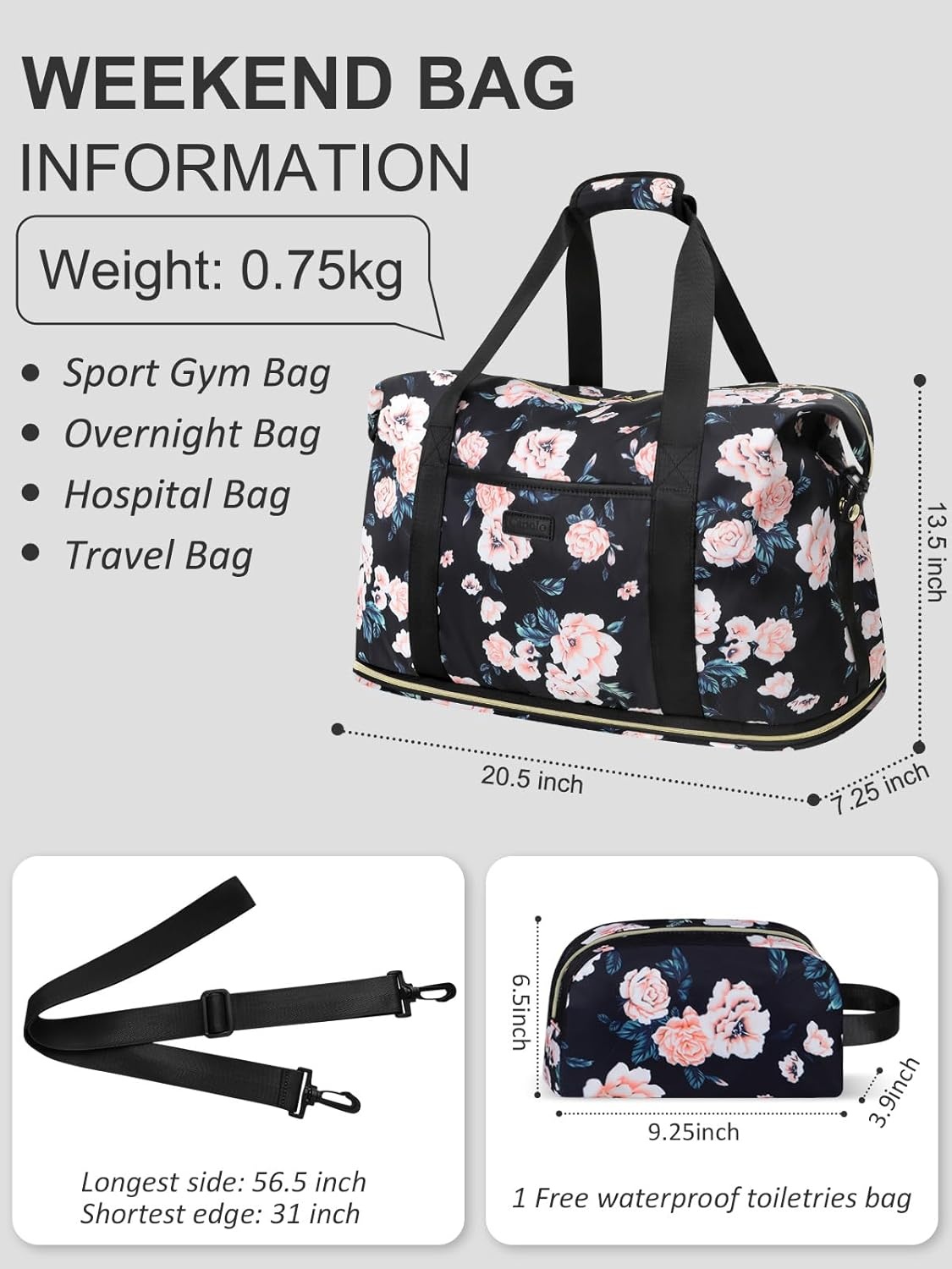 image:imageExpandable Travel Duffle Bags Weekender Overnight Bags for Women Men Hospital Bag for Women Labor Delivery with Toiletry Bag WaterproofBlack Foral