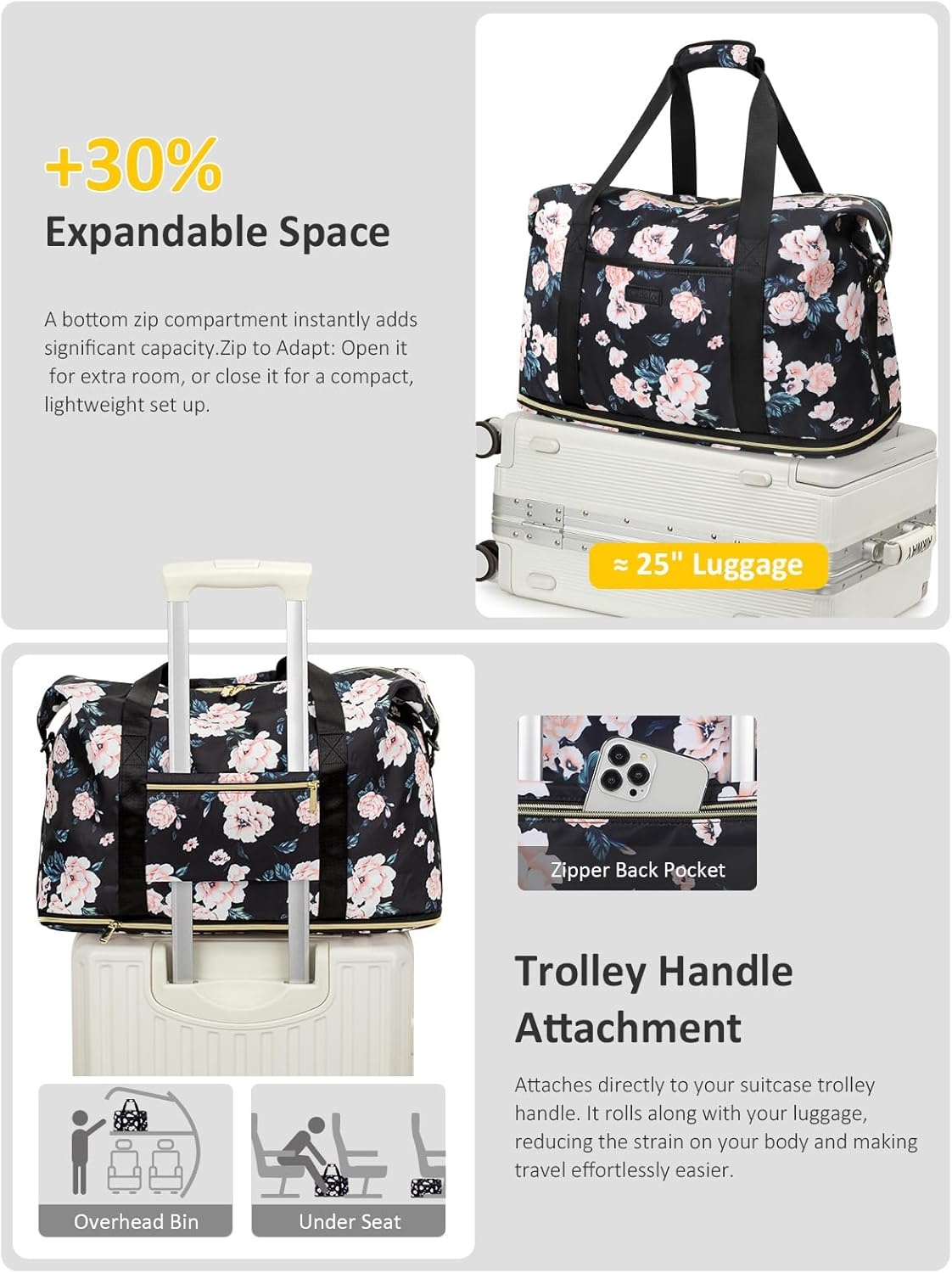 image:imageExpandable Travel Duffle Bags Weekender Overnight Bags for Women Men Hospital Bag for Women Labor Delivery with Toiletry Bag WaterproofBlack Foral