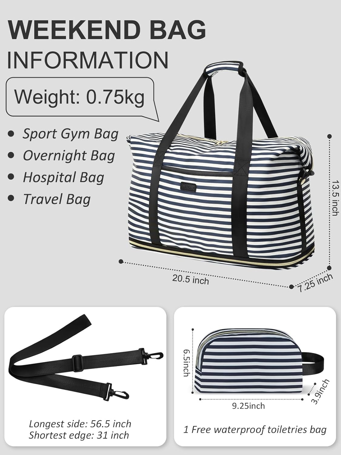 image:imageExpandable Travel Duffle Bags Weekender Overnight Bags for Women Men Hospital Bag for Women Labor Delivery with Toiletry Bag WaterproofBlue Stripe