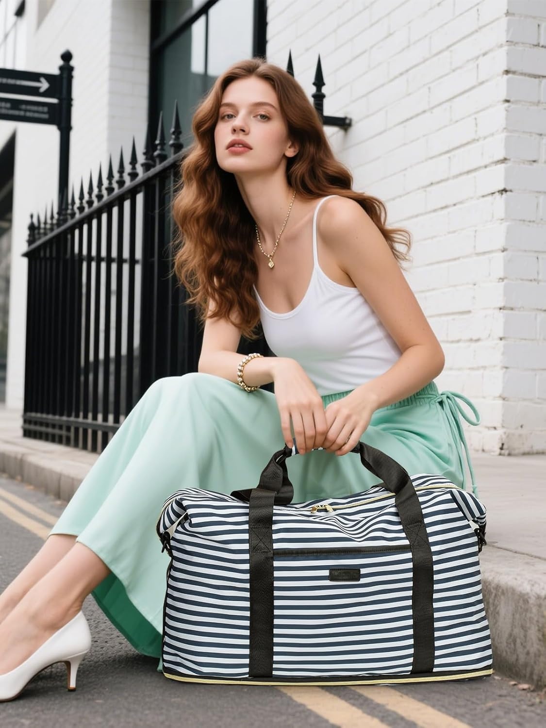 image:imageExpandable Travel Duffle Bags Weekender Overnight Bags for Women Men Hospital Bag for Women Labor Delivery with Toiletry Bag WaterproofBlue Stripe