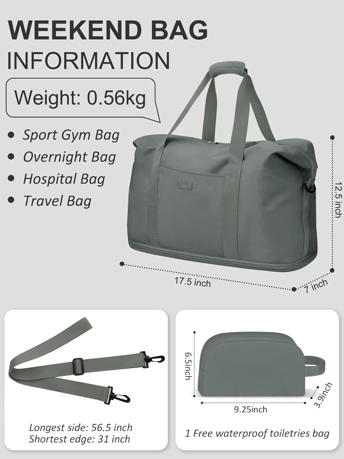 image:imageExpandable Travel Duffle Bags Weekender Overnight Bags for Women Men Hospital Bag for Women Labor Delivery with Toiletry Bag WaterproofGreen