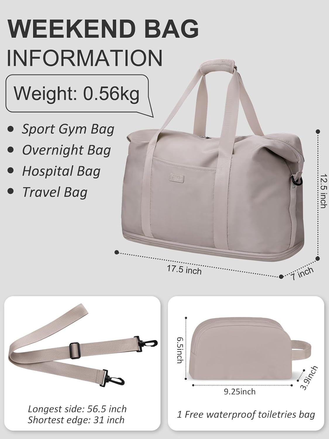 image:imageExpandable Travel Duffle Bags Weekender Overnight Bags for Women Men Hospital Bag for Women Labor Delivery with Toiletry Bag WaterproofKhaki