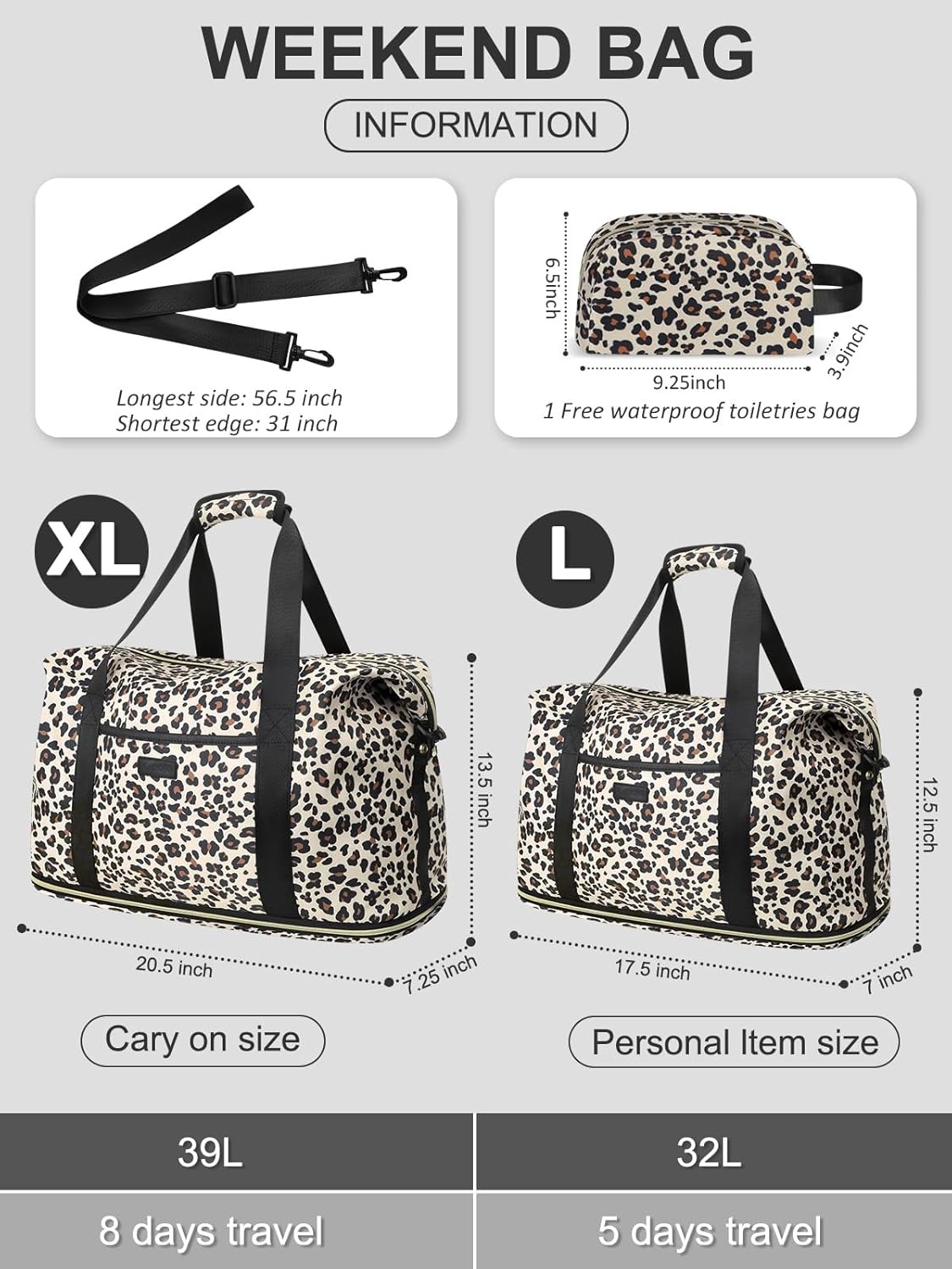 image:imageExpandable Travel Duffle Bags Weekender Overnight Bags for Women Men Hospital Bag for Women Labor Delivery with Toiletry Bag WaterproofLeopard