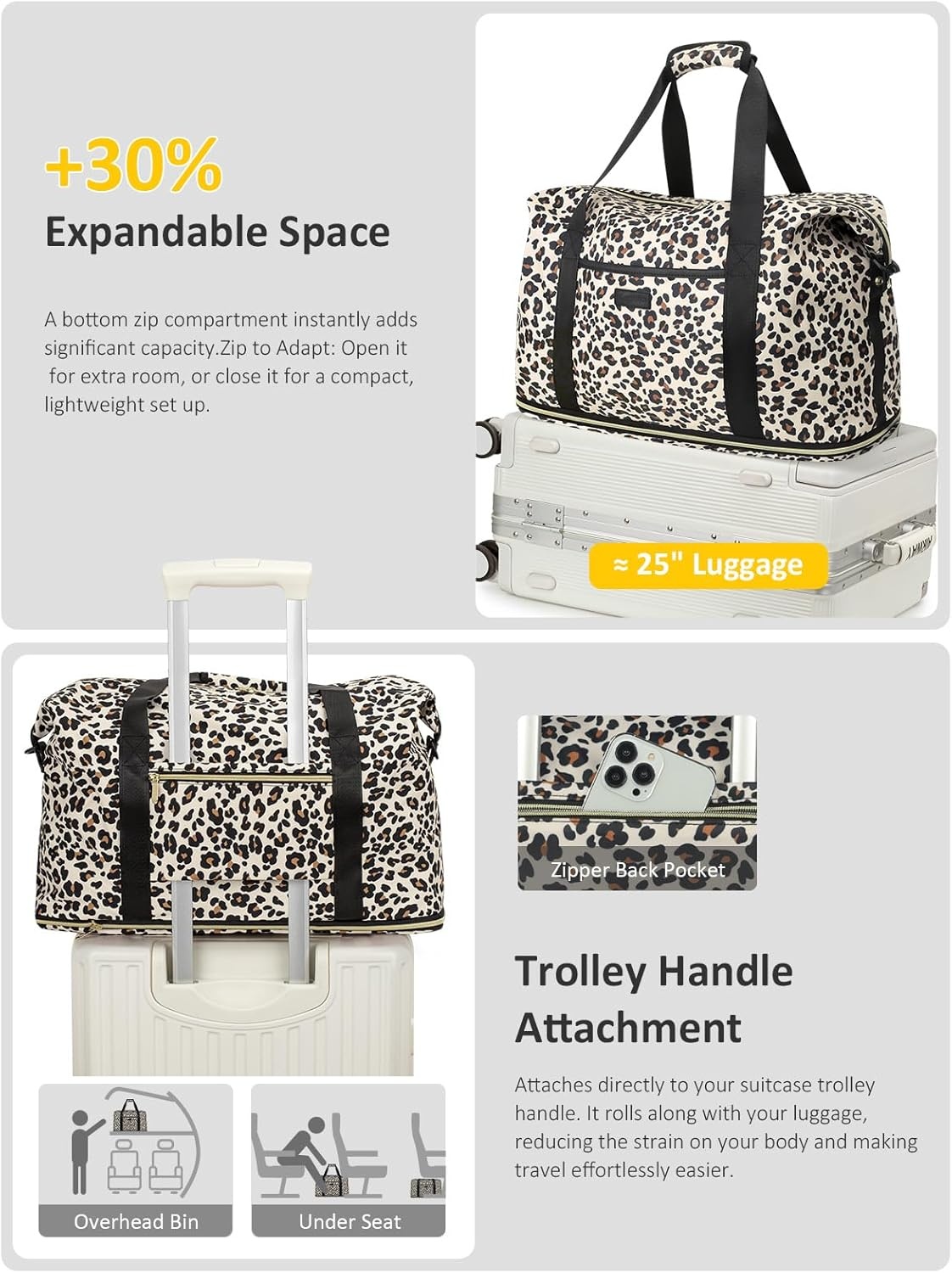 image:imageExpandable Travel Duffle Bags Weekender Overnight Bags for Women Men Hospital Bag for Women Labor Delivery with Toiletry Bag WaterproofLeopard