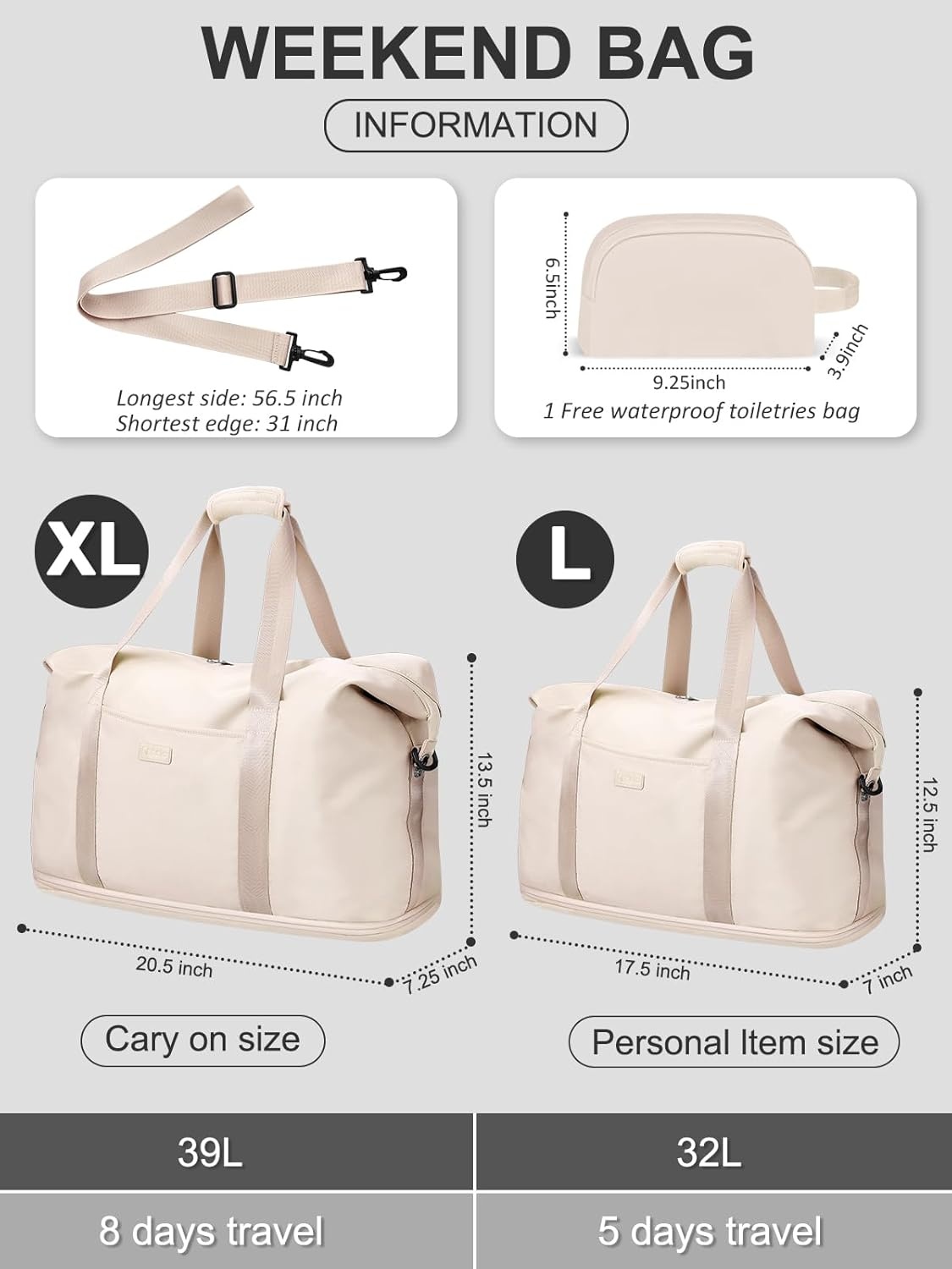 image:imageExpandable Travel Duffle Bags Weekender Overnight Bags for Women Men Hospital Bag for Women Labor Delivery with Toiletry Bag WaterproofOffwhite