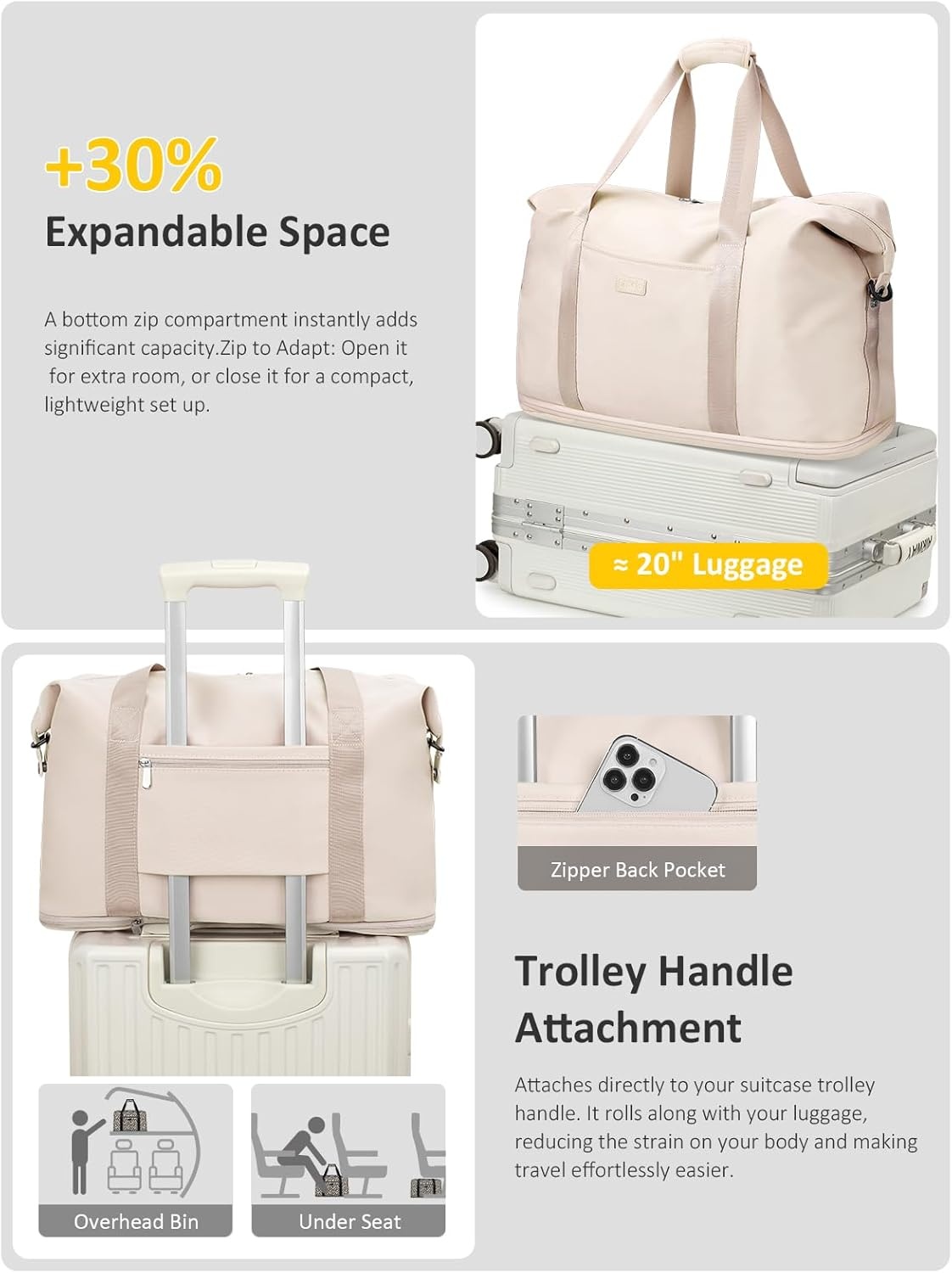 image:imageExpandable Travel Duffle Bags Weekender Overnight Bags for Women Men Hospital Bag for Women Labor Delivery with Toiletry Bag WaterproofOffwhite