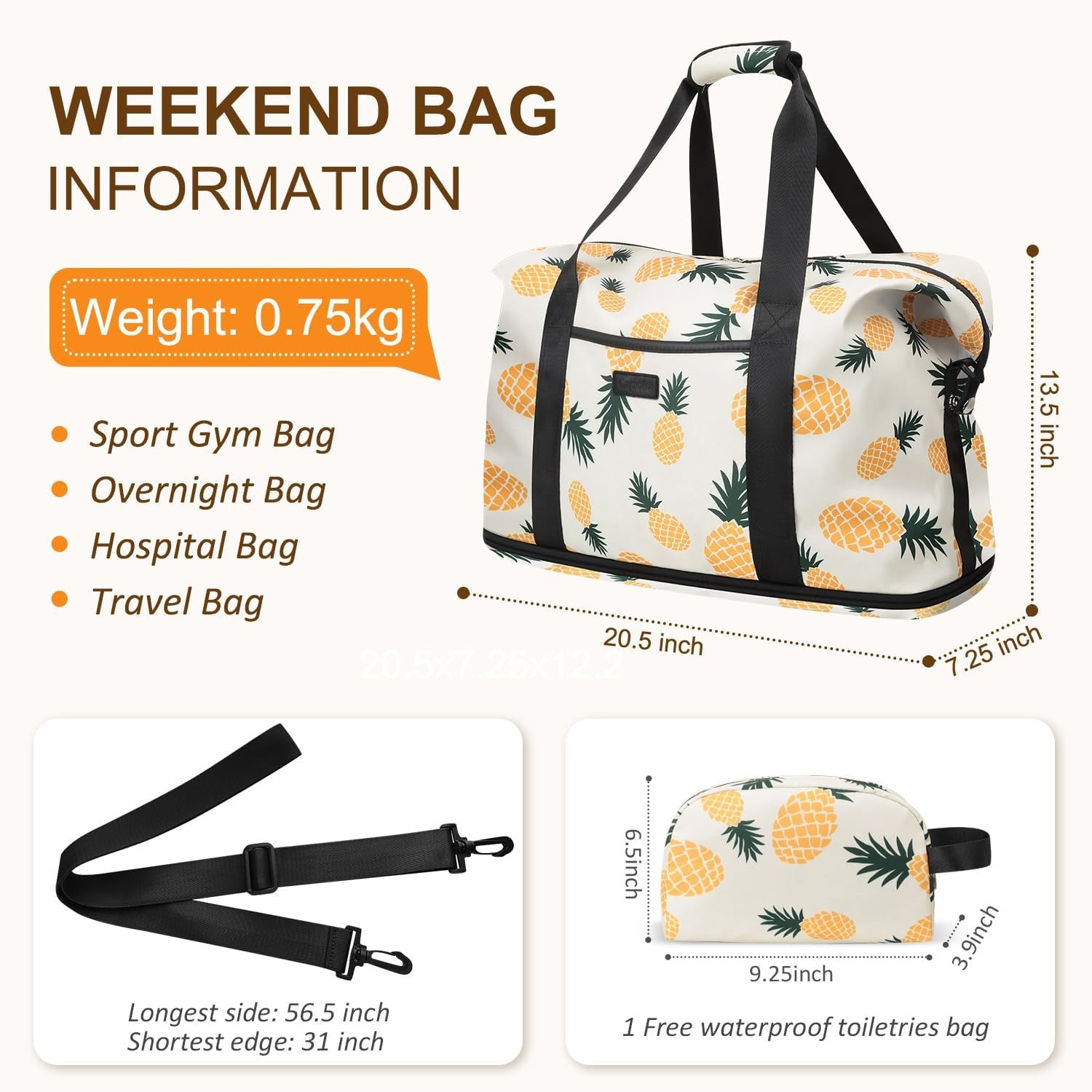 image:imageExpandable Travel Duffle Bags Weekender Overnight Bags for Women Men Hospital Bag for Women Labor Delivery with Toiletry Bag WaterproofPineapple