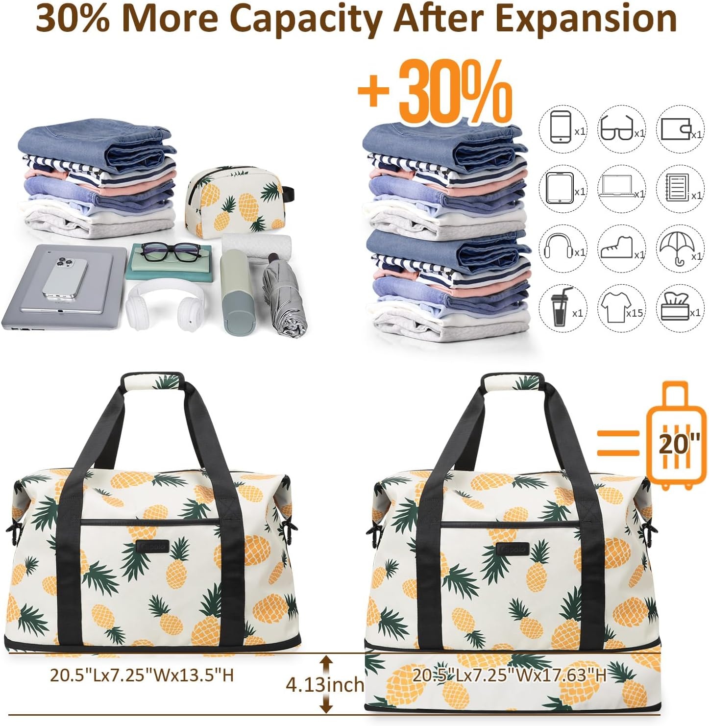 image:imageExpandable Travel Duffle Bags Weekender Overnight Bags for Women Men Hospital Bag for Women Labor Delivery with Toiletry Bag WaterproofPineapple