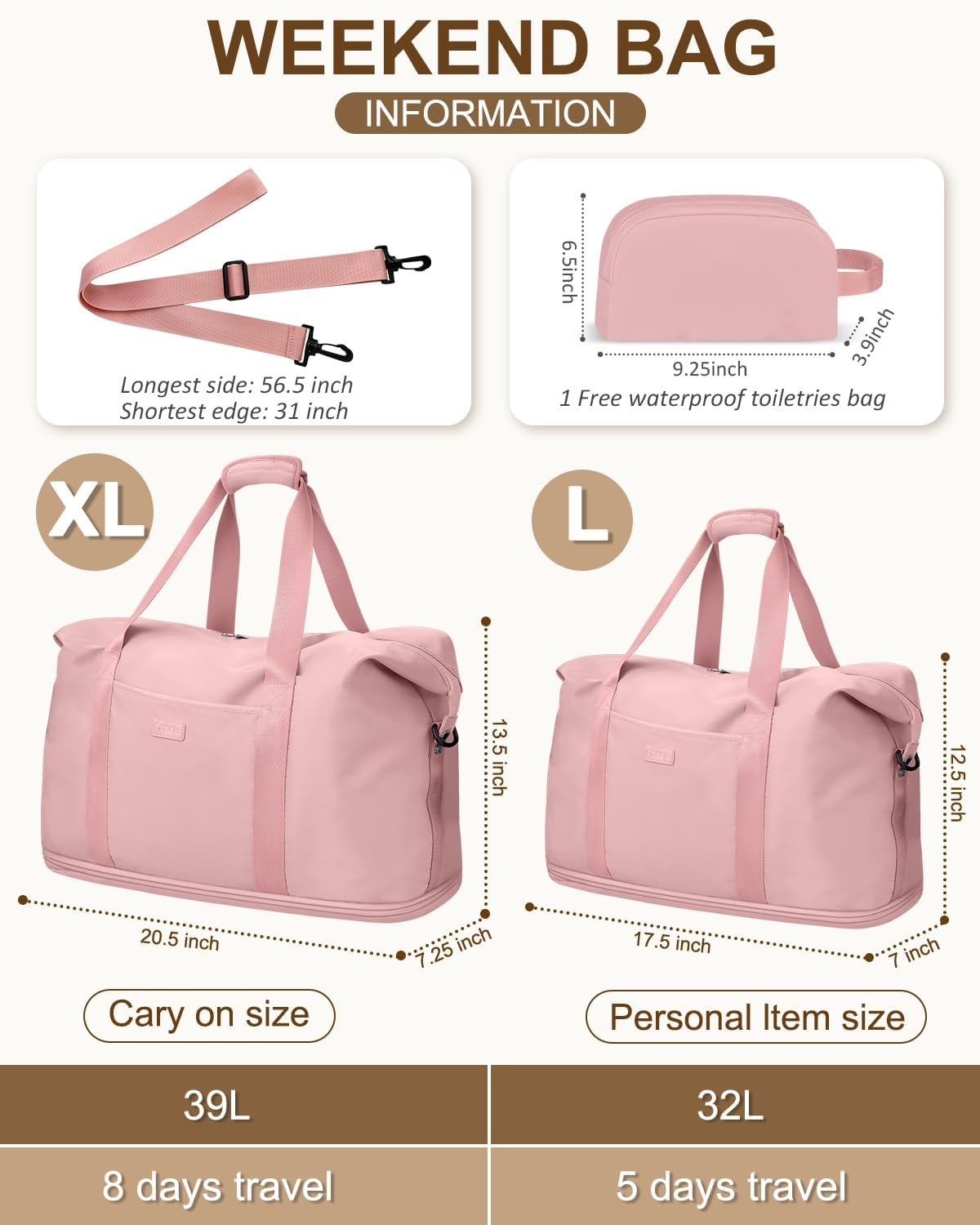 image:imageExpandable Travel Duffle Bags Weekender Overnight Bags for Women Men Hospital Bag for Women Labor Delivery with Toiletry Bag WaterproofPink