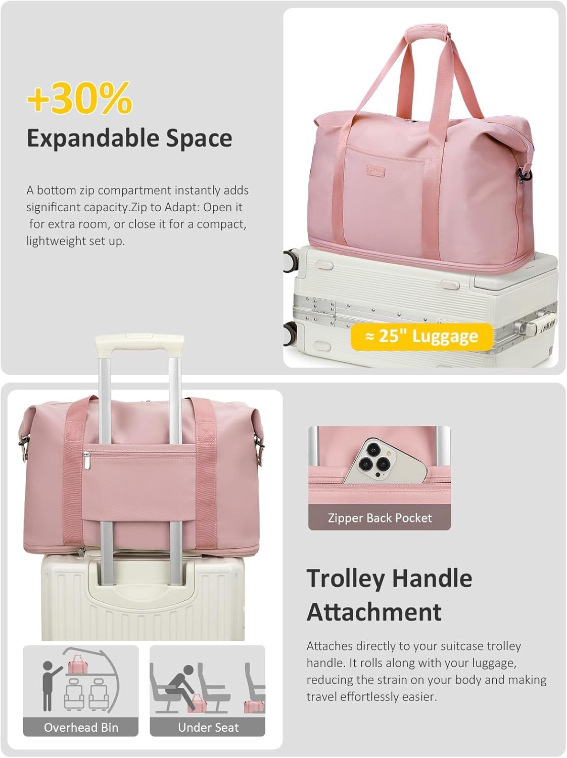 image:imageExpandable Travel Duffle Bags Weekender Overnight Bags for Women Men Hospital Bag for Women Labor Delivery with Toiletry Bag WaterproofPink