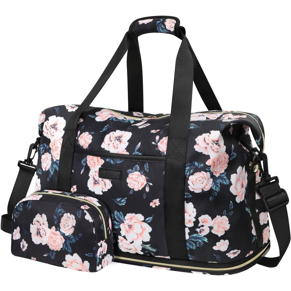 image:imageExpandable Travel Duffle Bags Weekender Overnight Bags for Women Men Hospital Bag for Women Labor Delivery with Toiletry Bag WaterproofBlack Foral