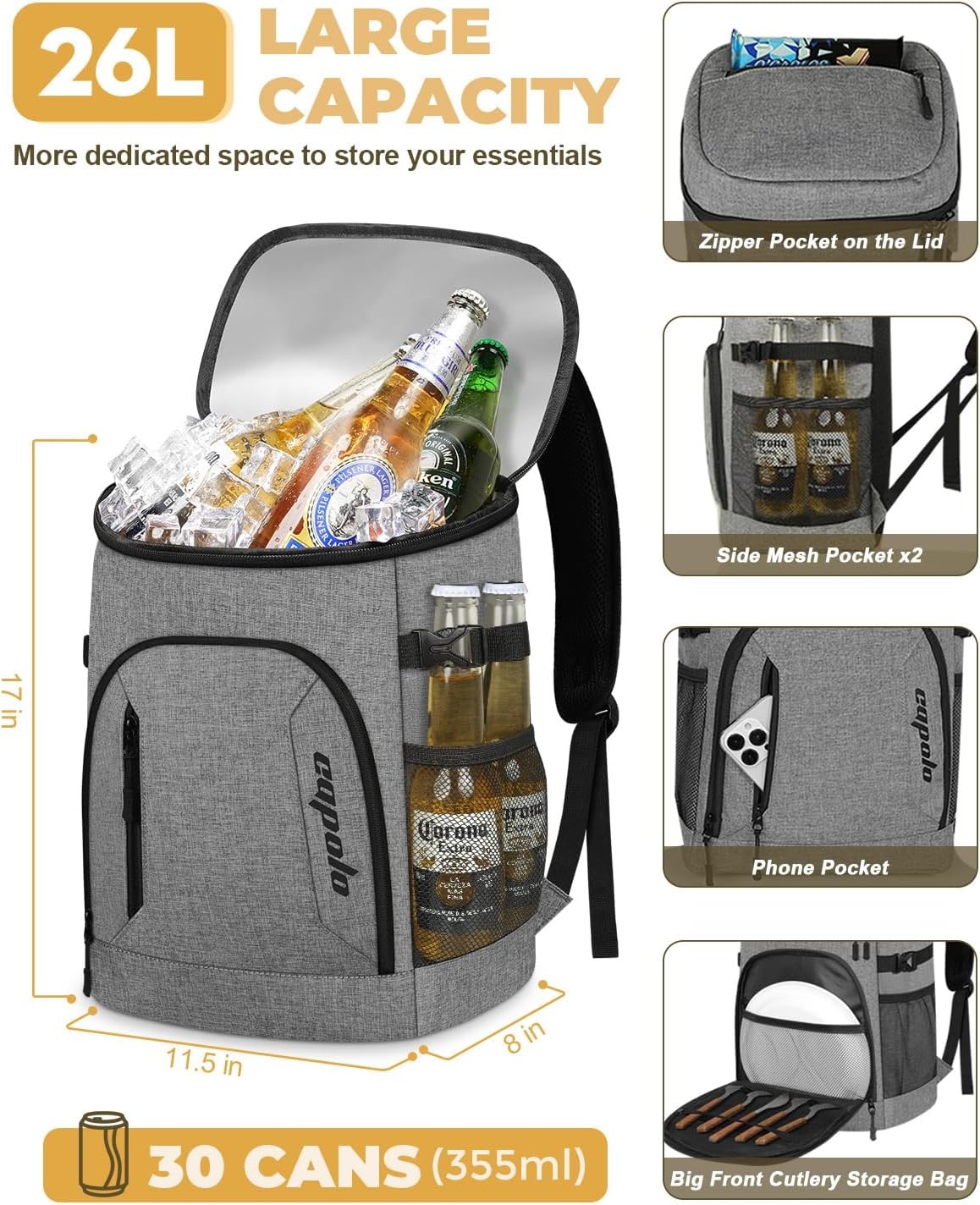 image:imageCapolo Cooler Backpack for Men Women Insulated Backpack Cooler Leak Proof Thermal Bag Beverage Soft Cooler Bag Lunch Backpack for Camping 3045 CansGray