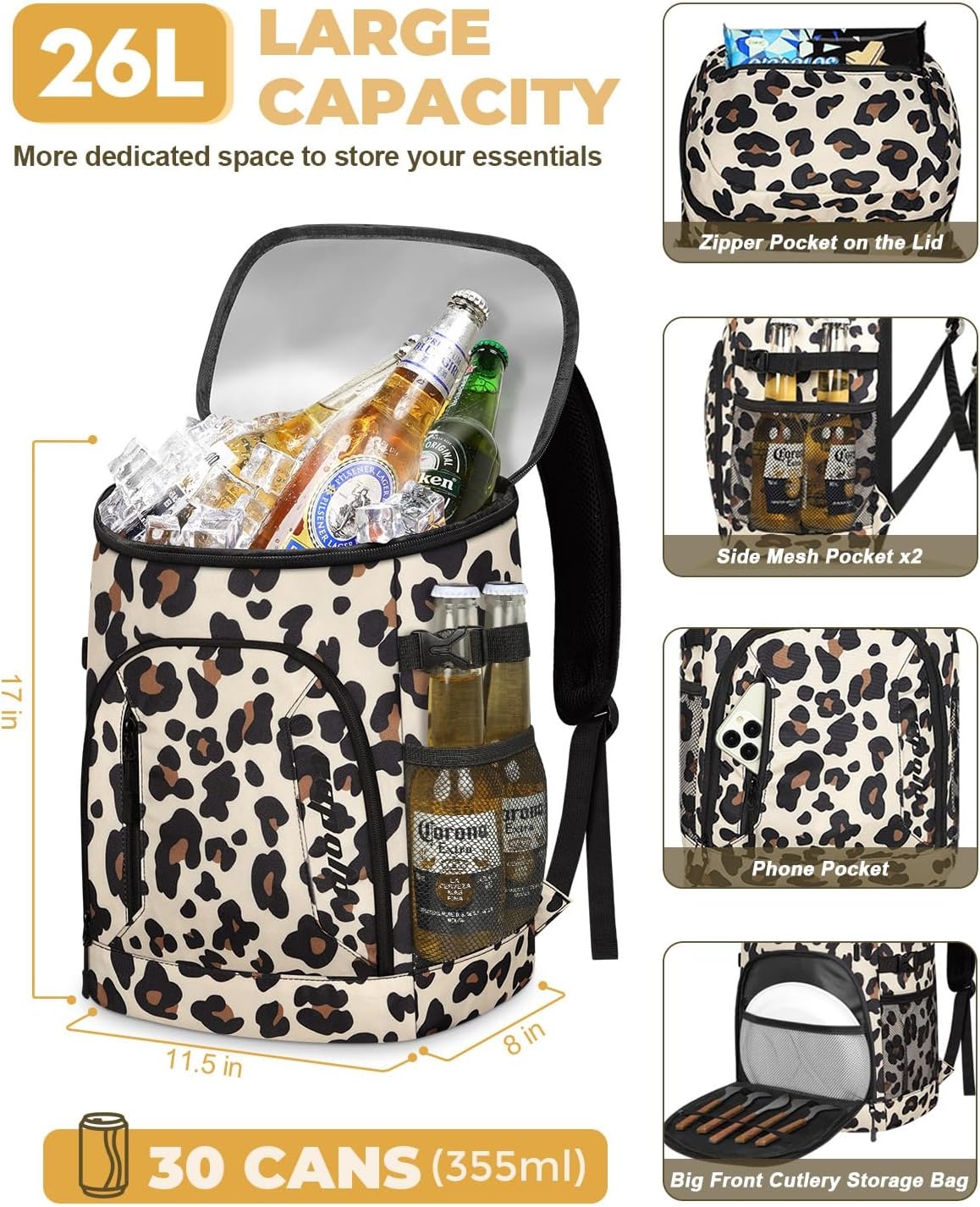 image:imageCapolo Cooler Backpack for Men Women Insulated Backpack Cooler Leak Proof Thermal Bag Beverage Soft Cooler Bag Lunch Backpack for Camping 3045 CansLeopardprint
