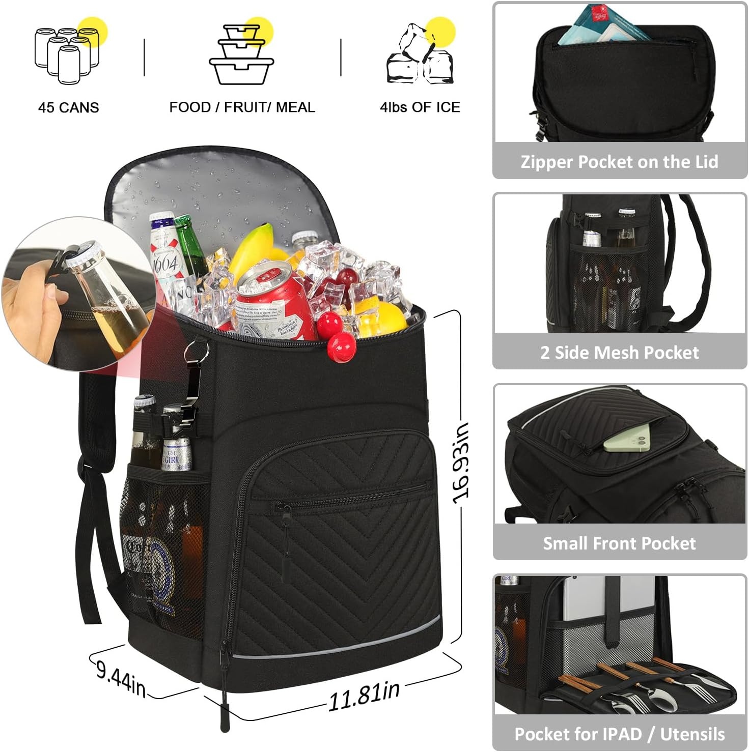 image:imageCooler Backpack Insulated Leakproof Waterproof Backpack Cooler Bag 3045 Cans Large Capacity Lightweight Travel Camping Beach Backpack Cooler Ice Chest for Men and Womenblack