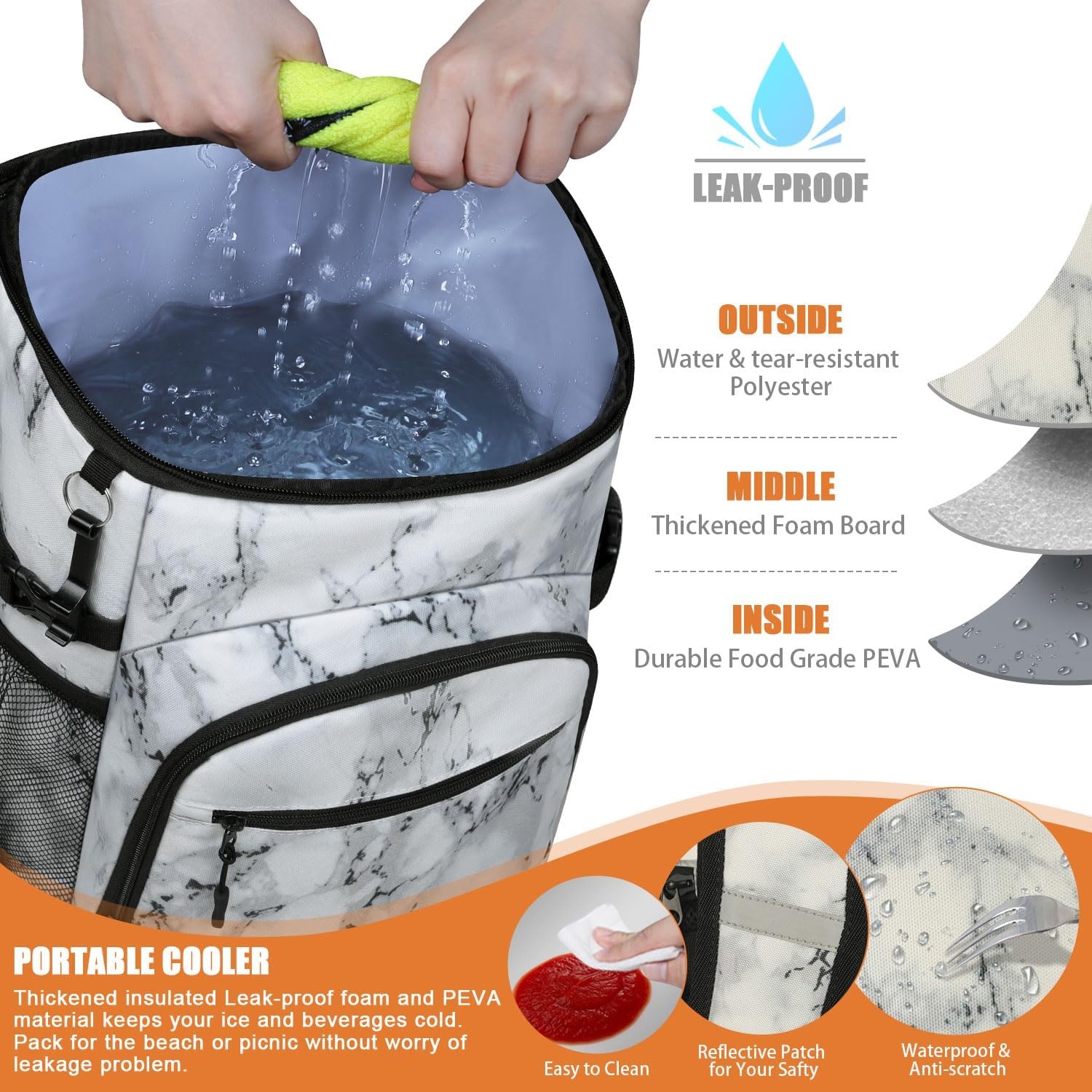 image:imageCooler Backpack Insulated Leakproof Waterproof Backpack Cooler Bag 3045 Cans Large Capacity Lightweight Travel Camping Beach Backpack Cooler Ice Chest for Men and Womenmarble