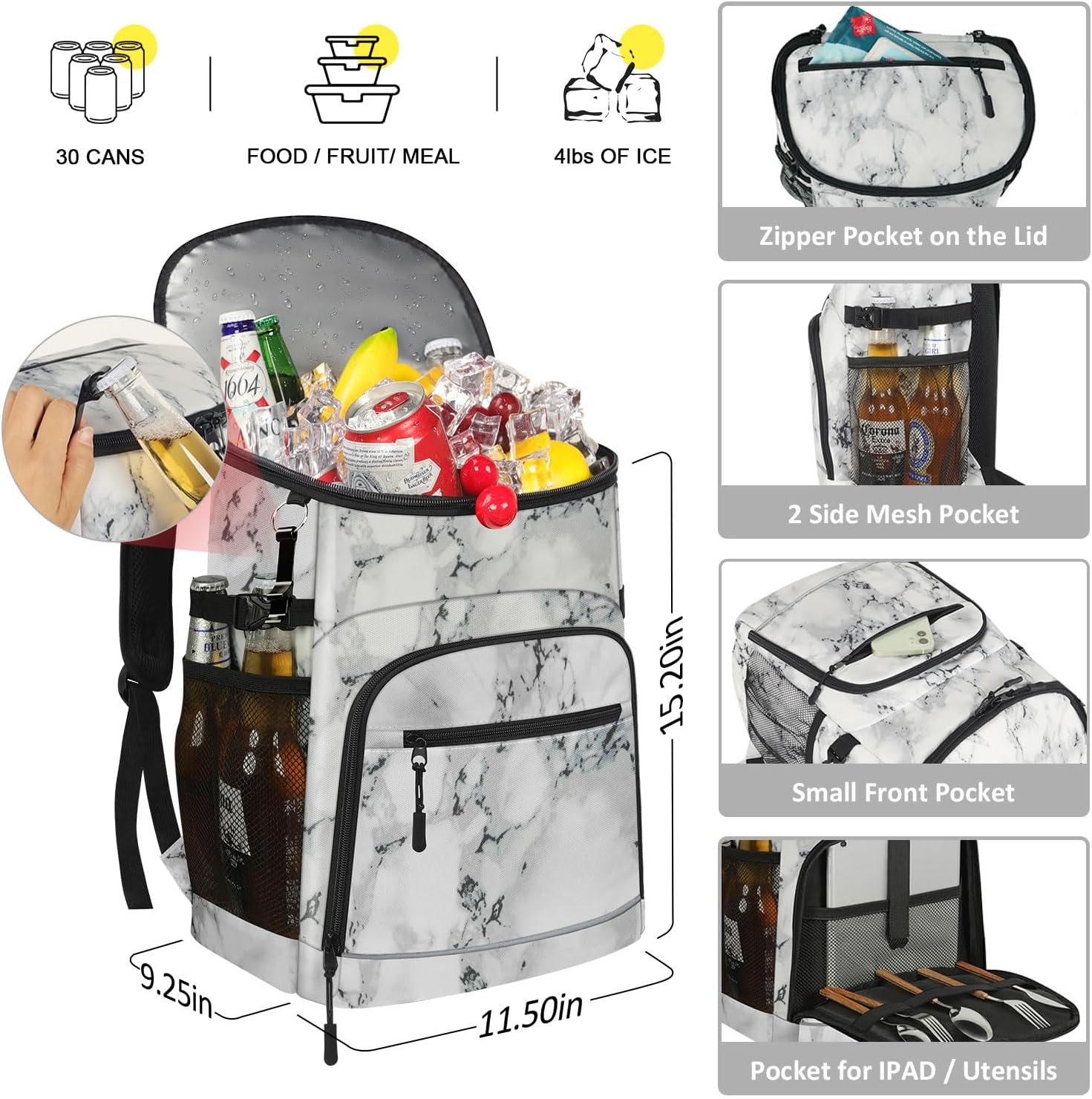 image:imageCooler Backpack Insulated Leakproof Waterproof Backpack Cooler Bag 3045 Cans Large Capacity Lightweight Travel Camping Beach Backpack Cooler Ice Chest for Men and Womenmarble