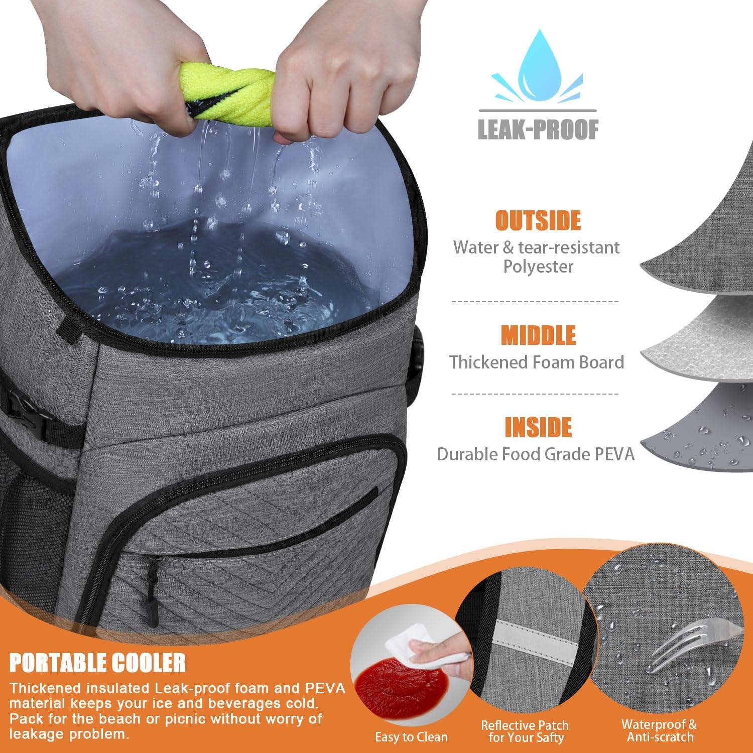 image:imageCooler Backpack Insulated Leakproof Waterproof Backpack Cooler Bag 3045 Cans Large Capacity Lightweight Travel Camping Beach Backpack Cooler Ice Chest for Men and Womengray