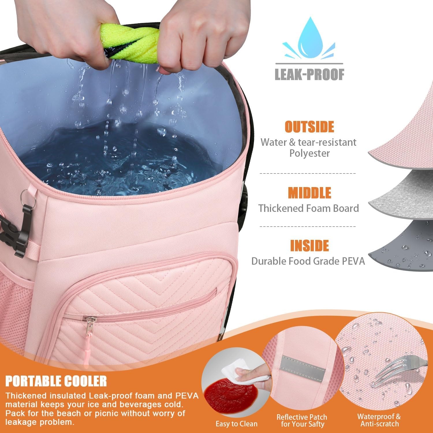 image:imageCooler Backpack Insulated Leakproof Waterproof Backpack Cooler Bag 3045 Cans Large Capacity Lightweight Travel Camping Beach Backpack Cooler Ice Chest for Men and Womenlight pink