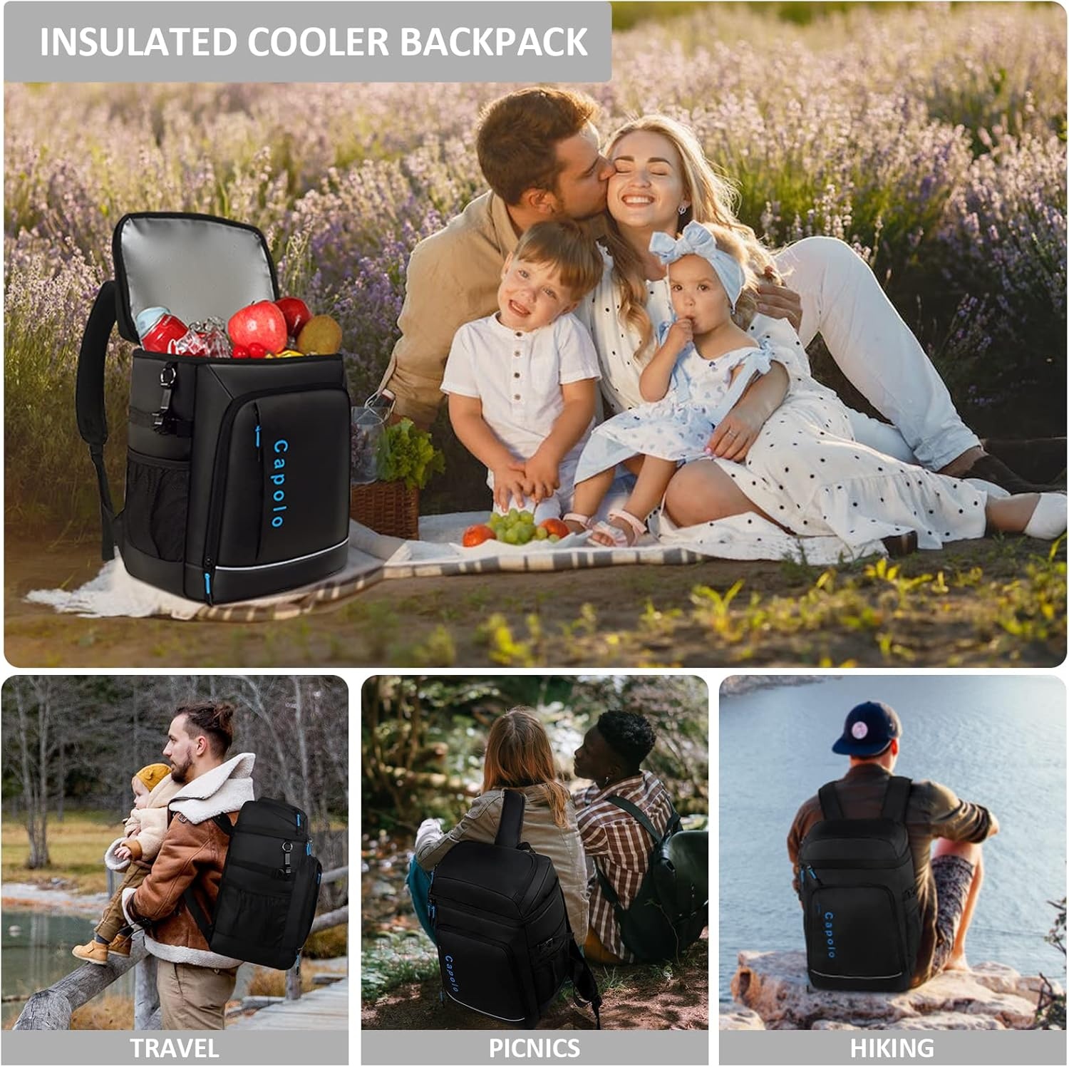 image:imageCapolo Cooler Backpack Insulated Leak Proof 36 Cans Soft Camping Bacpack Cooler Thermal Bag Ice Chest Portable Waterproof Travel Cooler for Lunch Beach Picnic Shopping