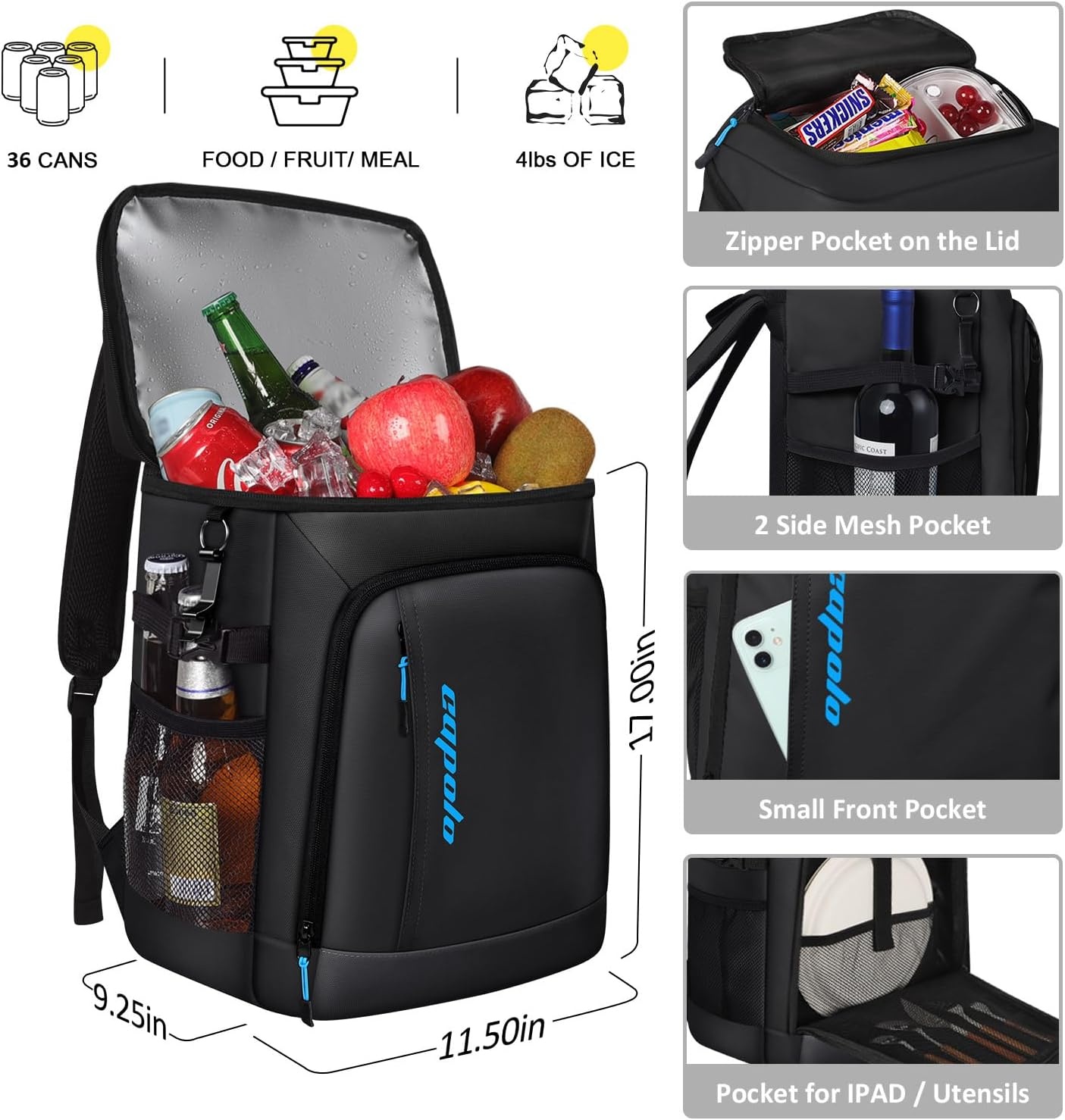 image:imageCapolo Cooler Backpack Insulated Leak Proof 3645 Cans Soft Camping Bacpack Cooler Thermal Bag Ice Chest Portable Waterproof Travel Cooler Bag for Lunch Beach Picnic ShoppingLeather black