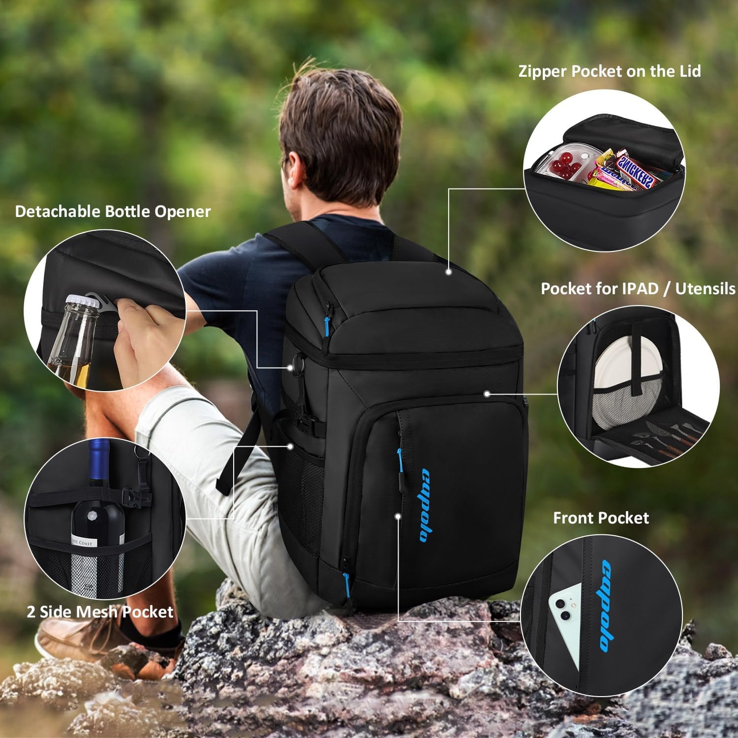 image:imageCapolo Cooler Backpack Insulated Leak Proof 3645 Cans Soft Camping Bacpack Cooler Thermal Bag Ice Chest Portable Waterproof Travel Cooler Bag for Lunch Beach Picnic ShoppingLeather black