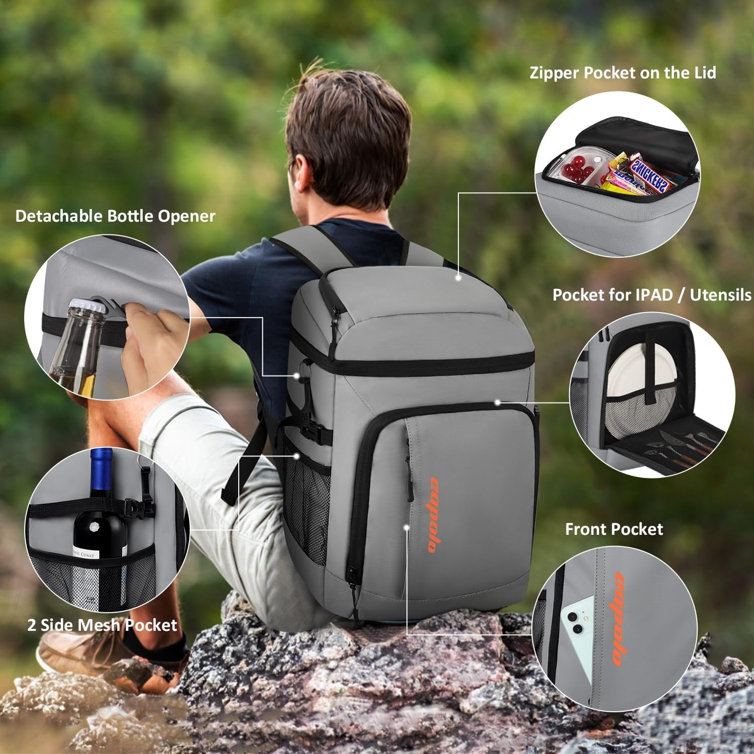 image:imageCapolo Cooler Backpack Insulated Leak Proof 3645 Cans Soft Camping Bacpack Cooler Thermal Bag Ice Chest Portable Waterproof Travel Cooler Bag for Lunch Beach Picnic ShoppingLeather gray