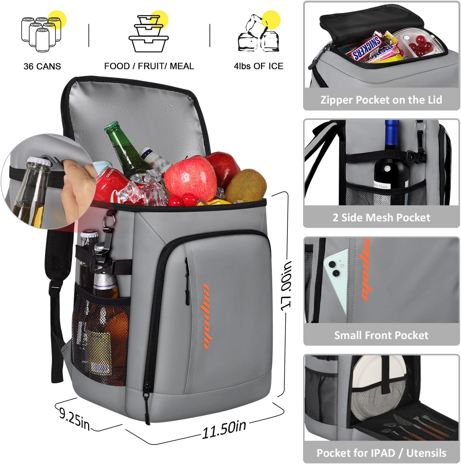 image:imageCapolo Cooler Backpack Insulated Leak Proof 3645 Cans Soft Camping Bacpack Cooler Thermal Bag Ice Chest Portable Waterproof Travel Cooler Bag for Lunch Beach Picnic ShoppingLeather gray
