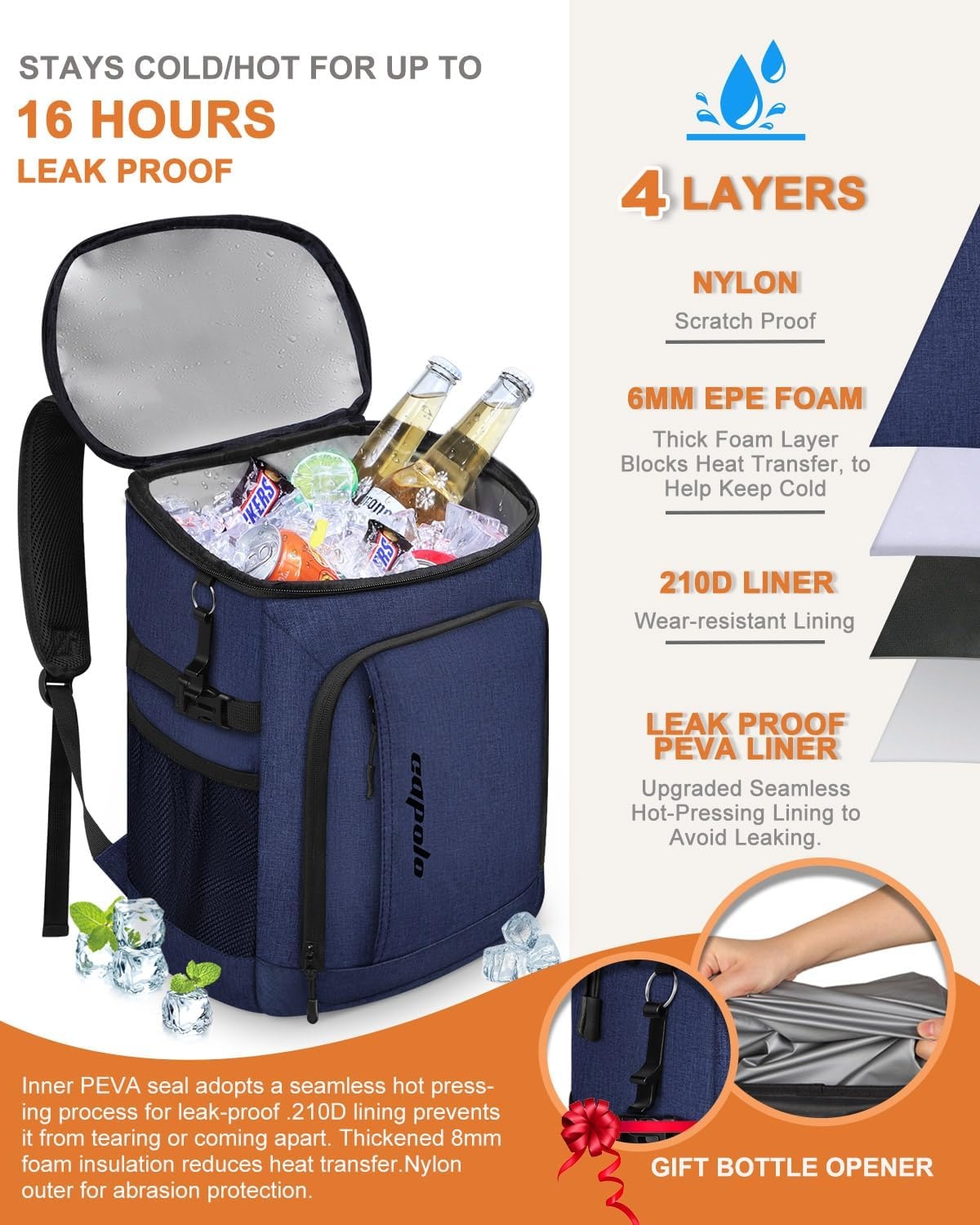 image:imageCapolo Cooler Backpack Insulated Waterproof for Women Men3645 Cans Lunch Backpack Coolers Leak Proof Soft Cooler Bag Ice Chest for Camping BeachBlue