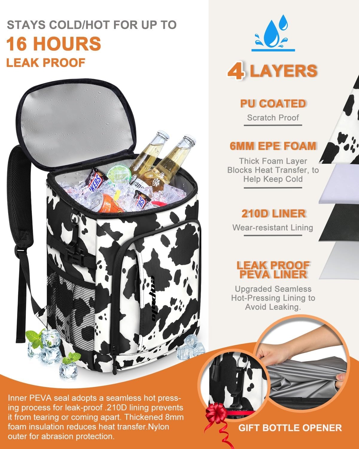 image:imageCapolo Cooler Backpack Insulated Waterproof for Women Men3645 Cans Lunch Backpack Coolers Leak Proof Soft Cooler Bag Ice Chest for Camping BeachCow Print