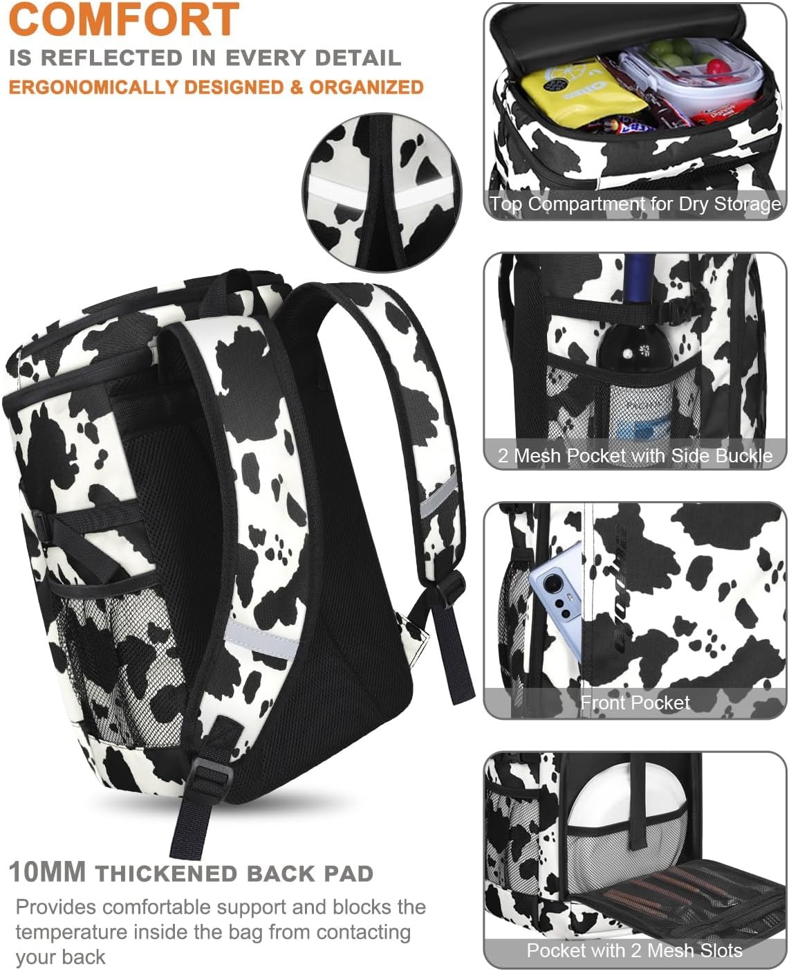 image:imageCapolo Cooler Backpack Insulated Waterproof for Women Men3645 Cans Lunch Backpack Coolers Leak Proof Soft Cooler Bag Ice Chest for Camping BeachCow Print
